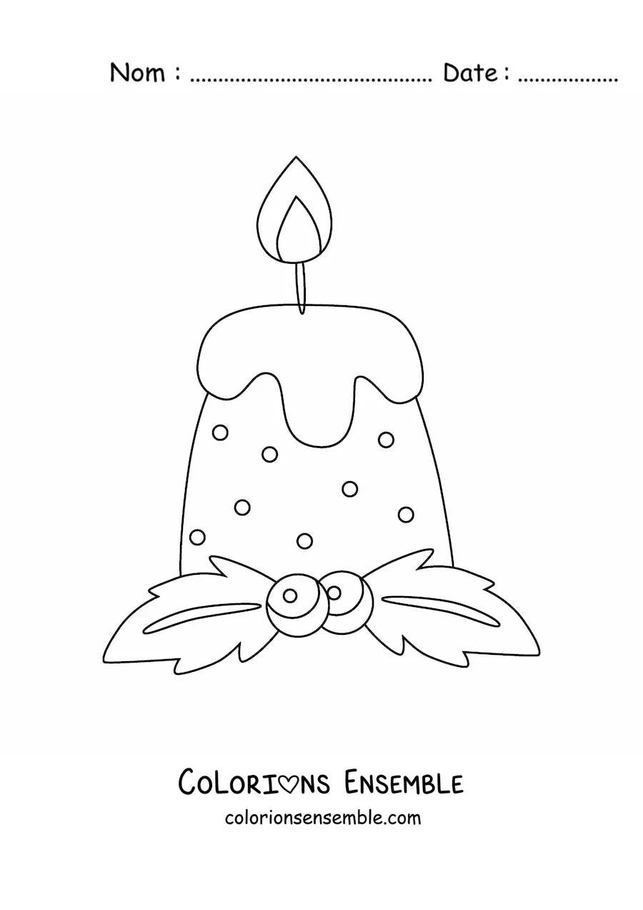 Image à colorier d’une bougie de Noël à pois avec du gui