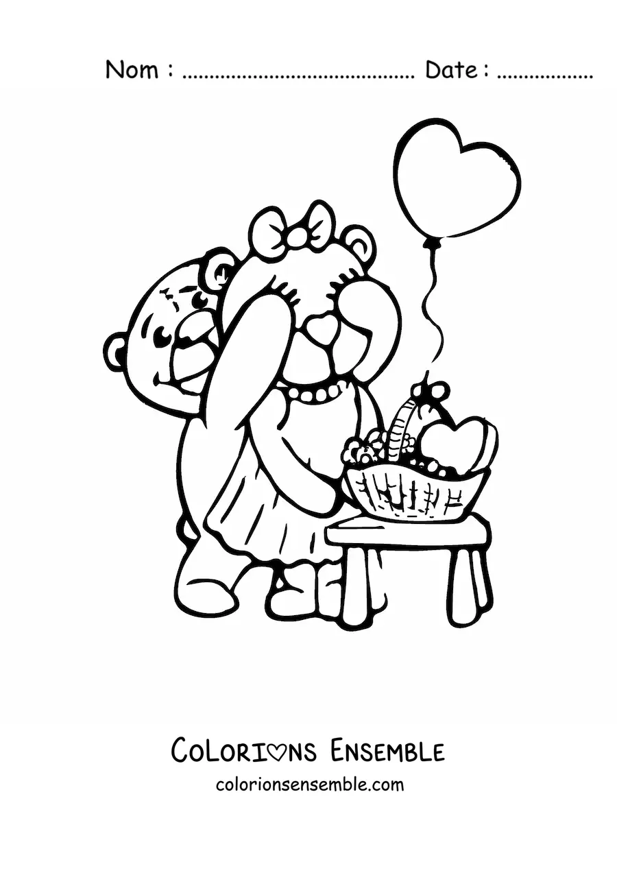 Image à colorier d’un couple d’ours amoureux tout mignons