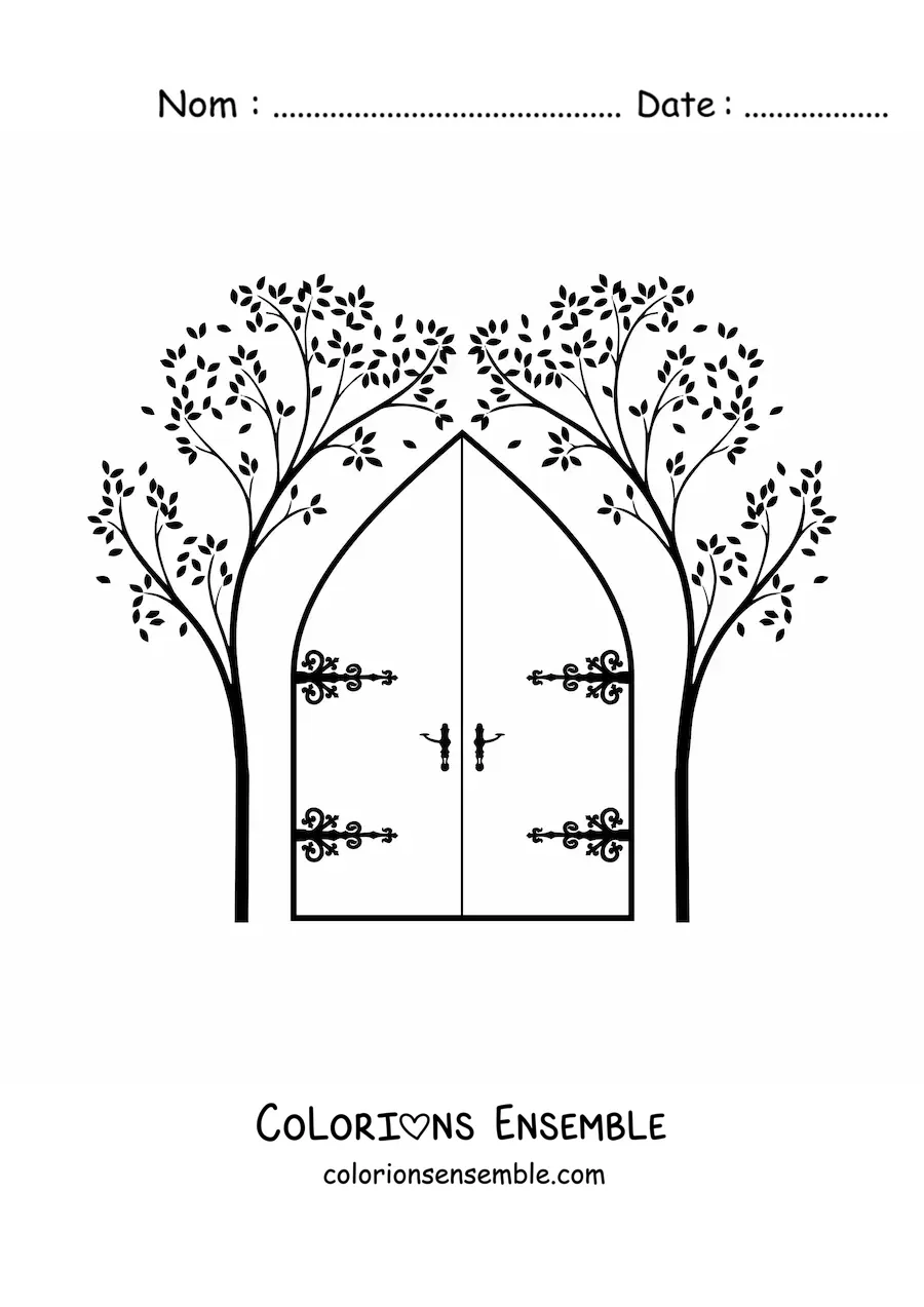 Image à colorier d’une porte avec deux arbres de chaque côté