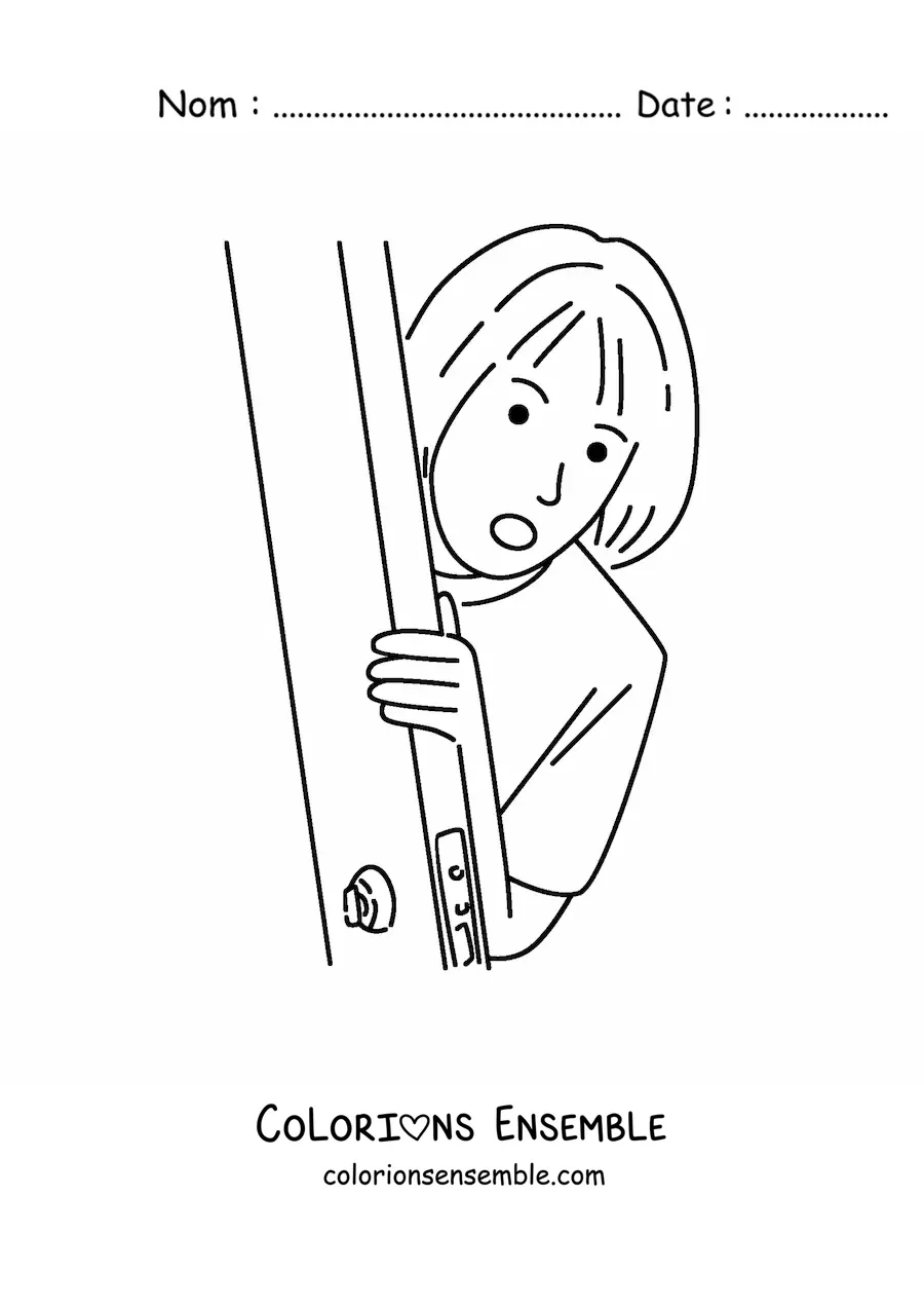 Image à colorier d’une fille qui se penche derrière une porte