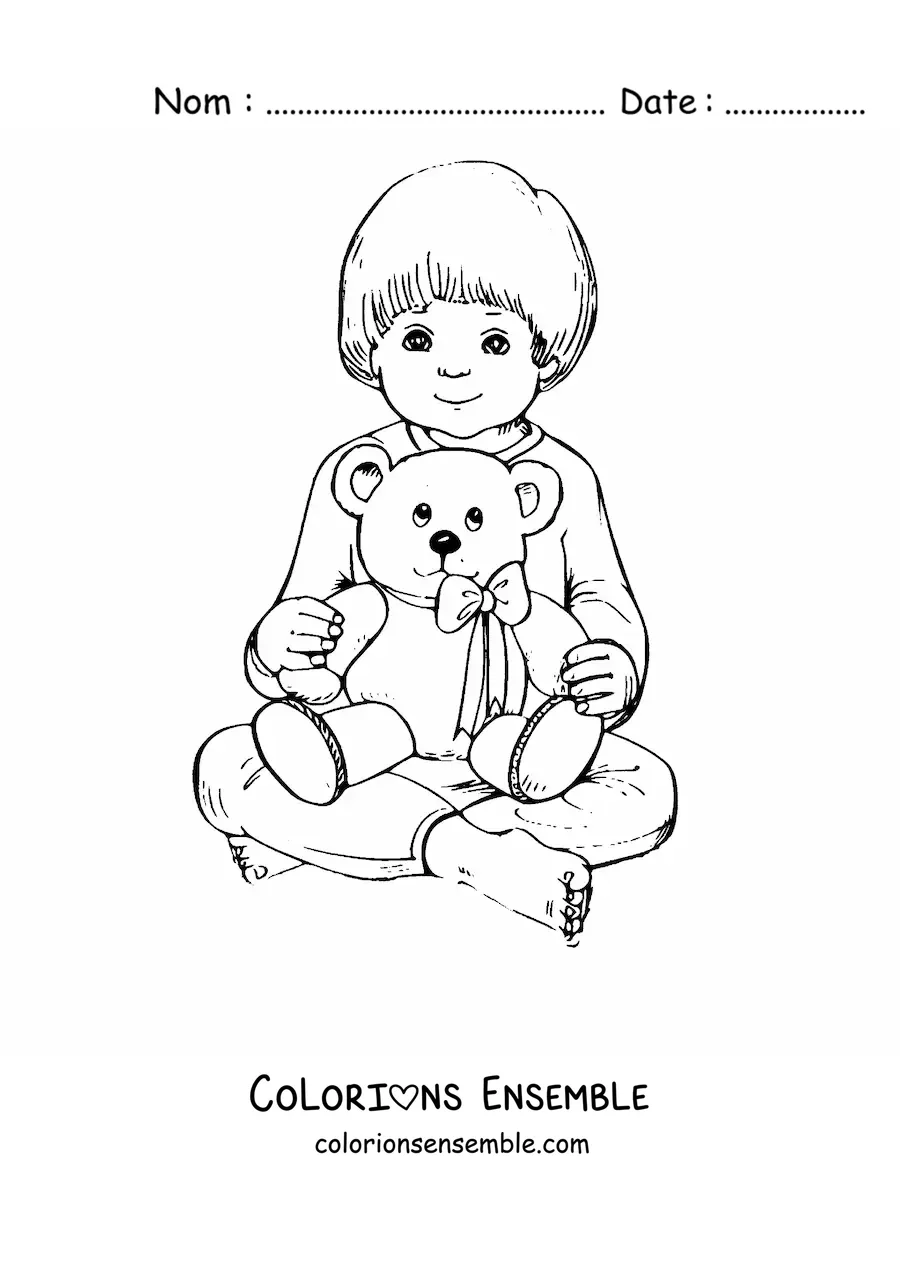 Image à colorier d’un garçon assis serrant un ours en peluche