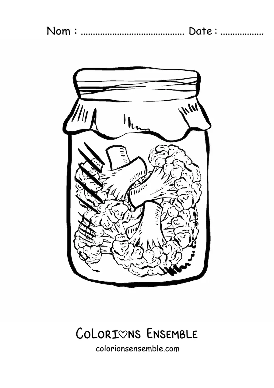 Image à colorier de morceaux de brocoli dans un bocal en verre réaliste