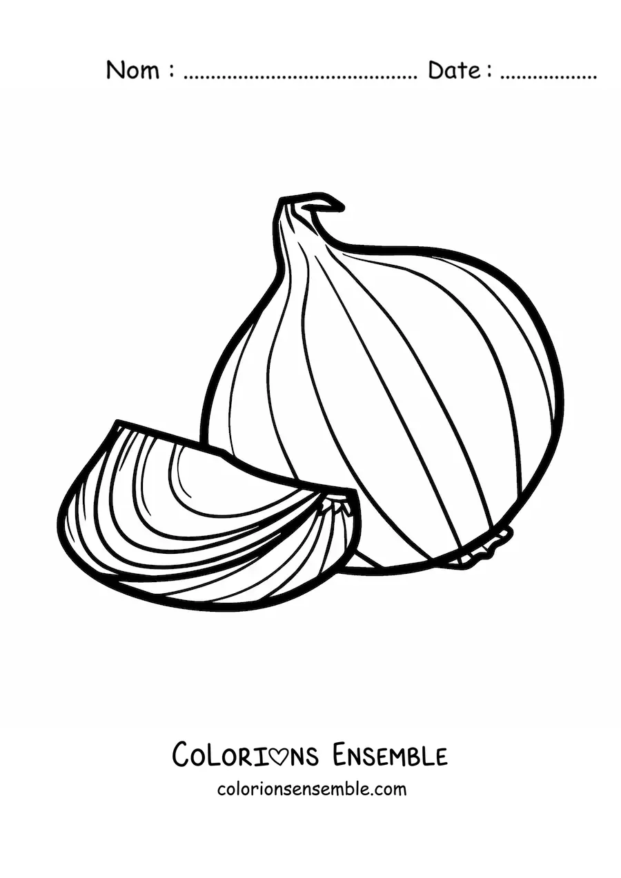 Image à colorier d’un gros oignon entier et d’un morceau
