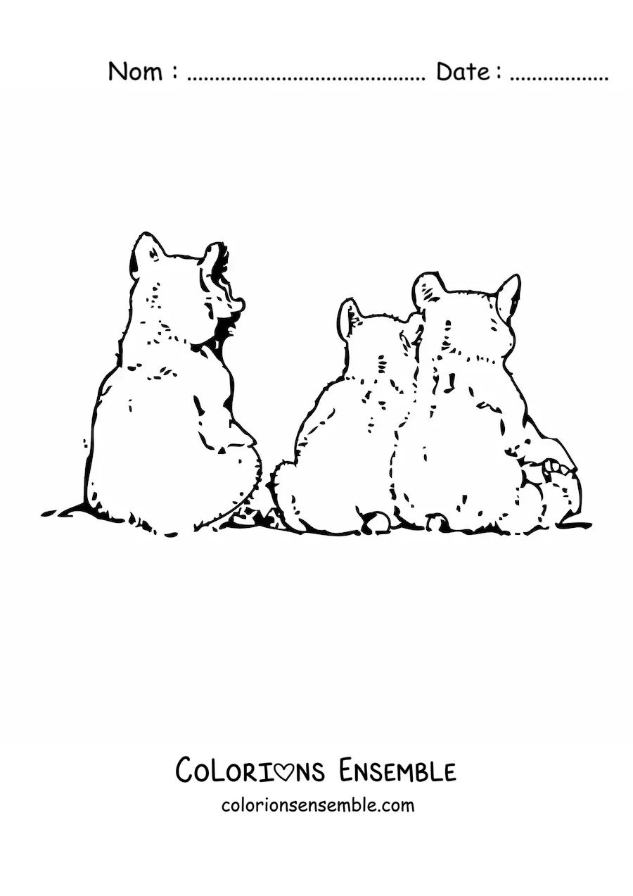 Image à colorier d’une famille de bébés ours assis de dos