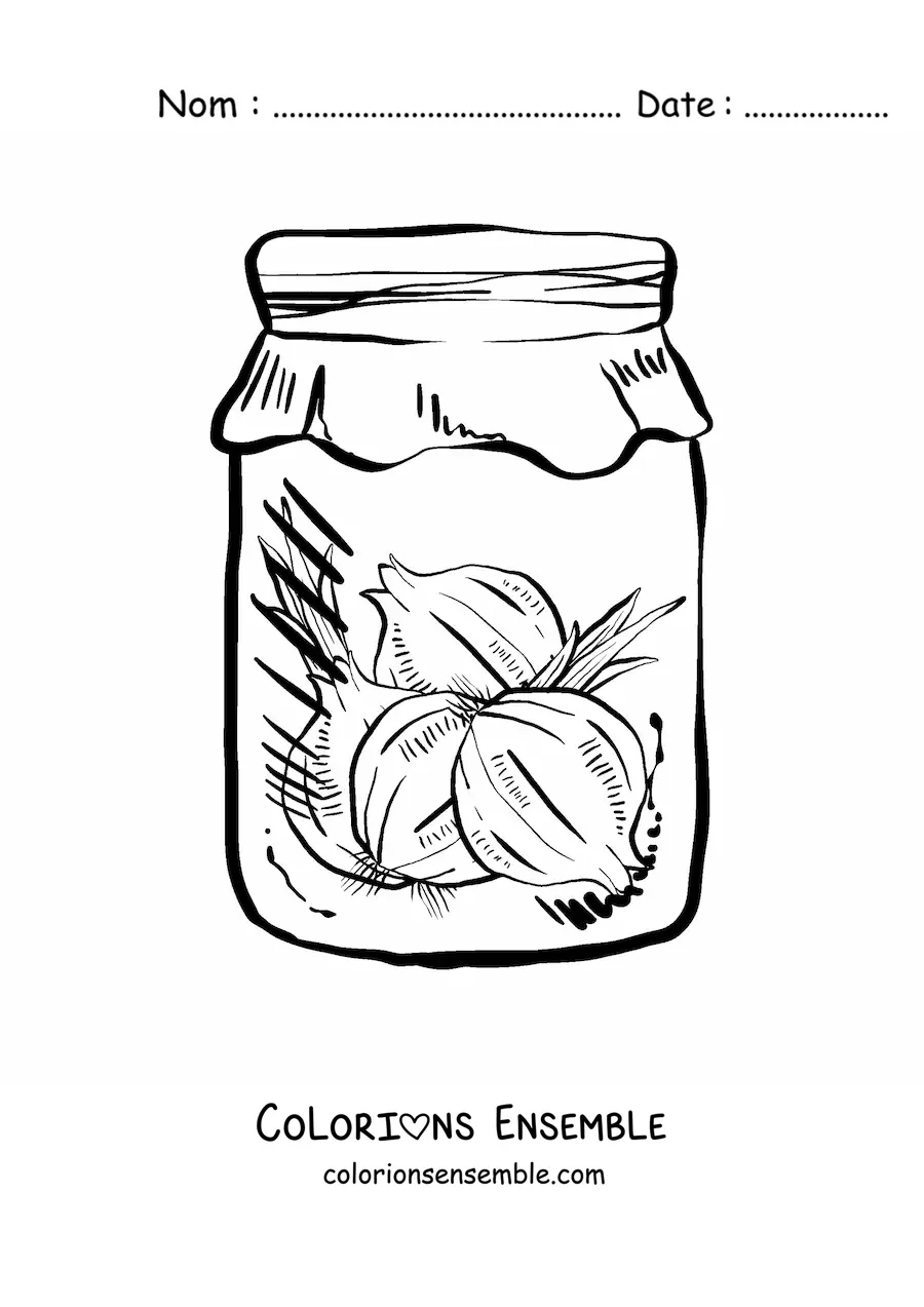 Image à colorier d’un bocal en verre avec des oignons