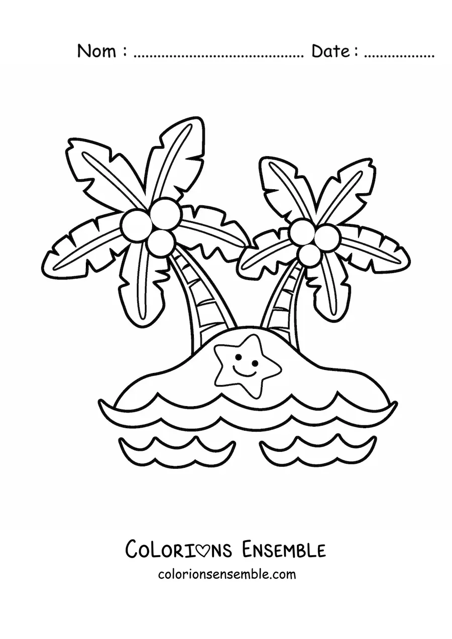 Image à colorier d'une île kawaii avec 2 palmiers et une étoile de mer souriante