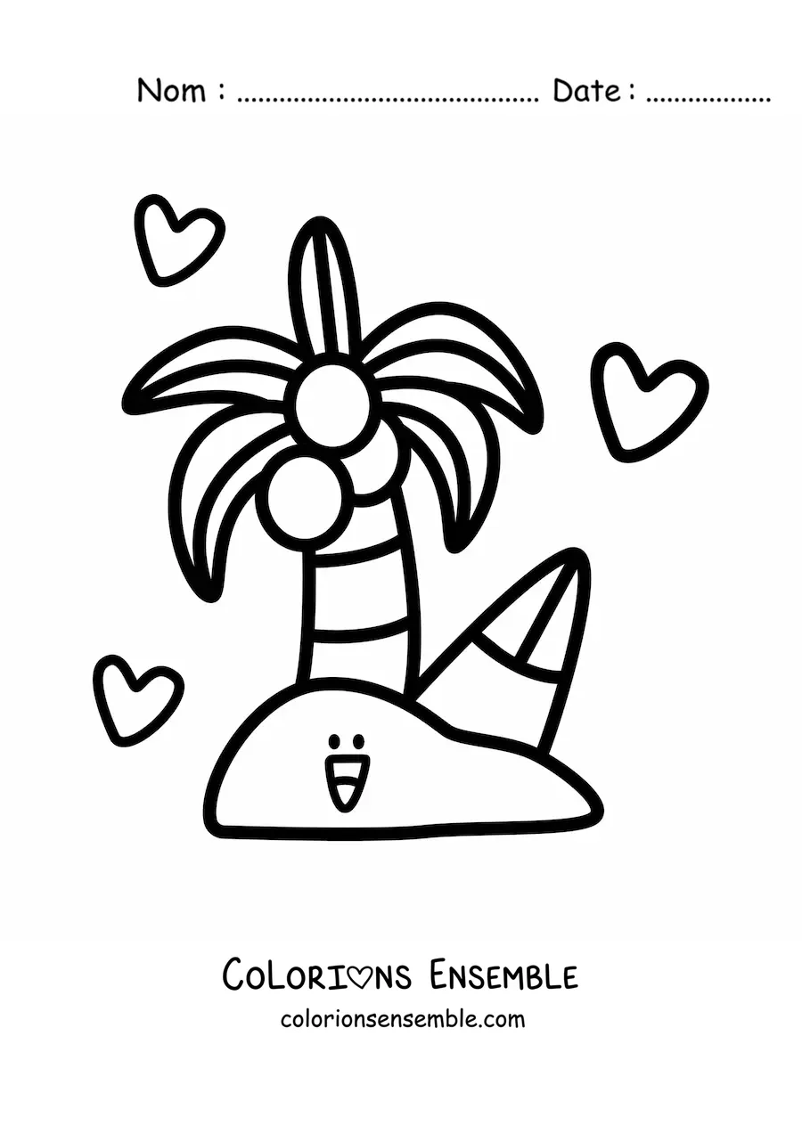 Image à colorier d'une île animée kawaii avec un palmier et des cœurs en arrière-plan