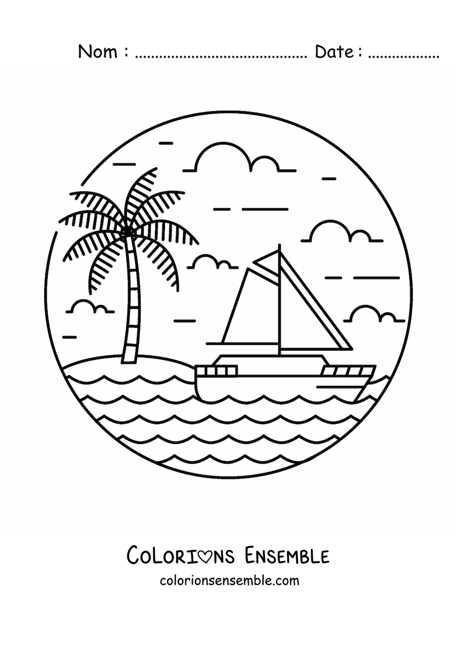 Image à colorier d'une île avec un palmier et un voilier