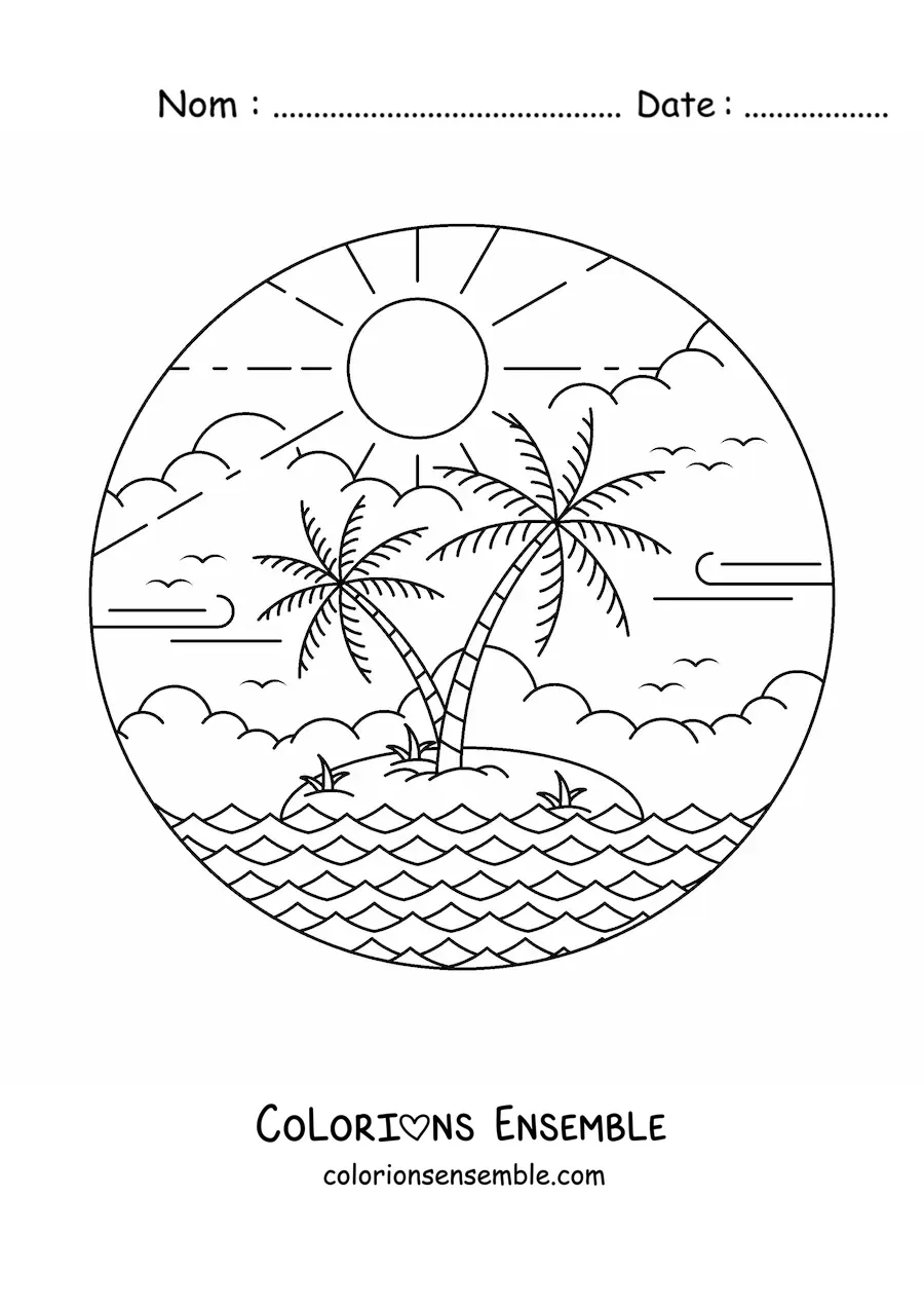 Image à colorier d'une île paradisiaque avec le soleil et 2 palmiers