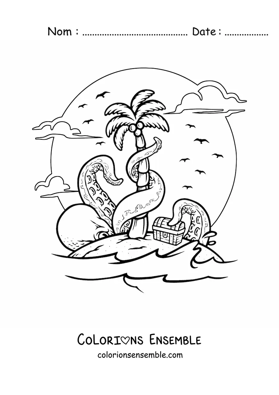 Image à colorier d'une île avec un coffre au trésor et une pieuvre géante qui essaie de le voler