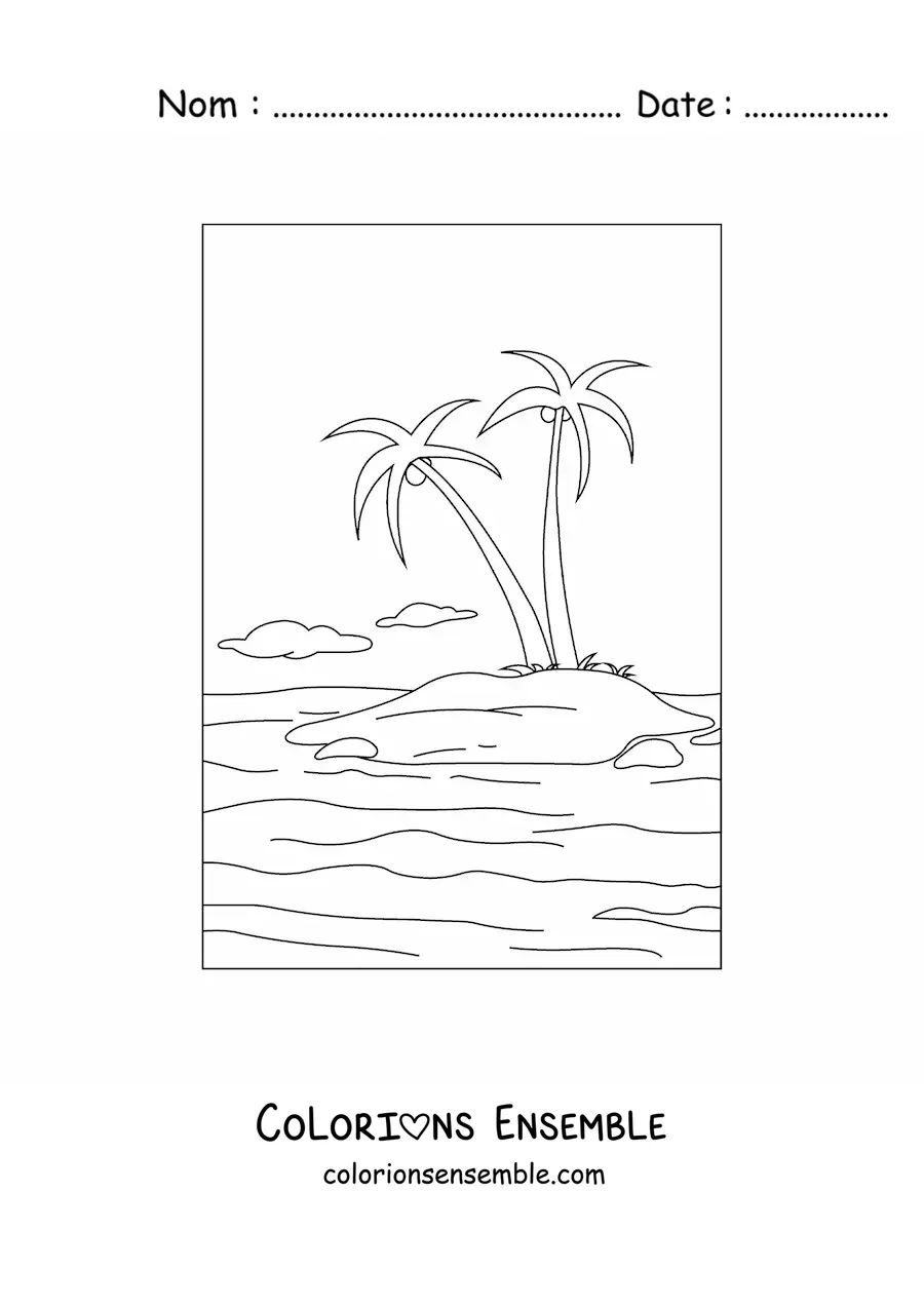 Image à colorier d'un paysage d'île avec 2 palmiers