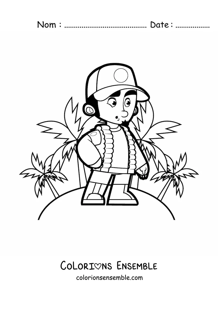 Image à colorier d'un explorateur sur une île tropicale avec des palmiers