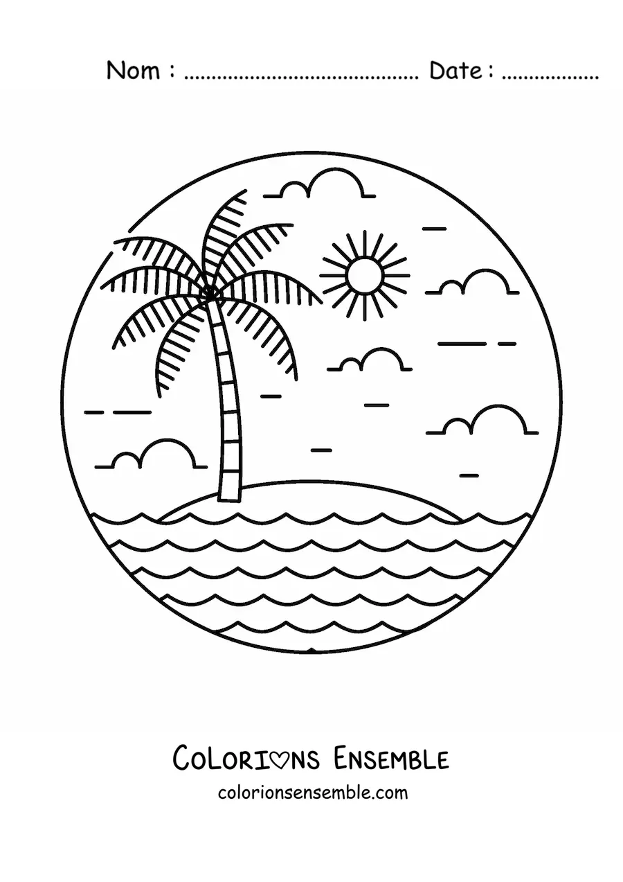 Image à colorier d'une île déserte avec un palmier et le soleil