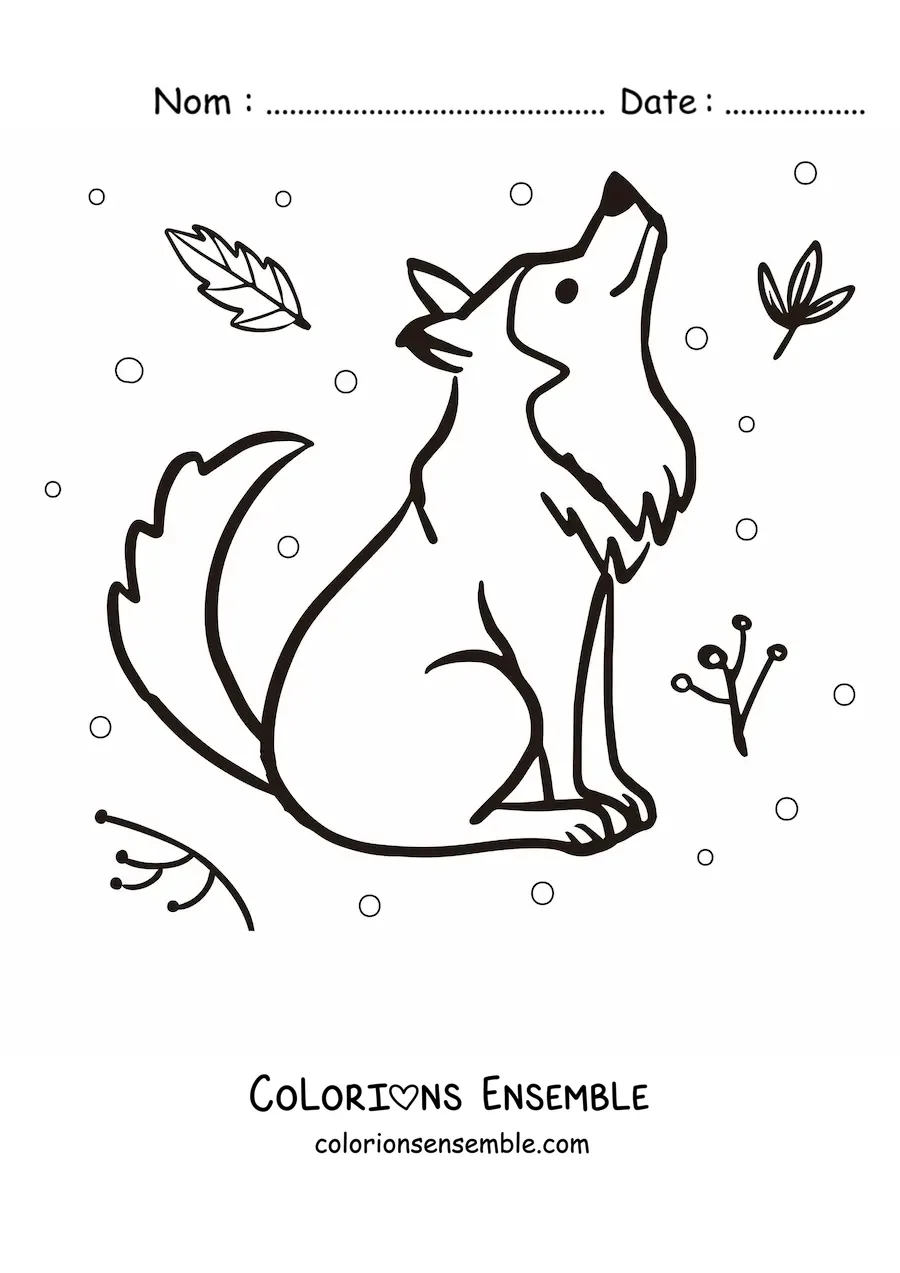 Image à colorier d’un loup kawaii assis regardant vers le haut, entouré de feuilles