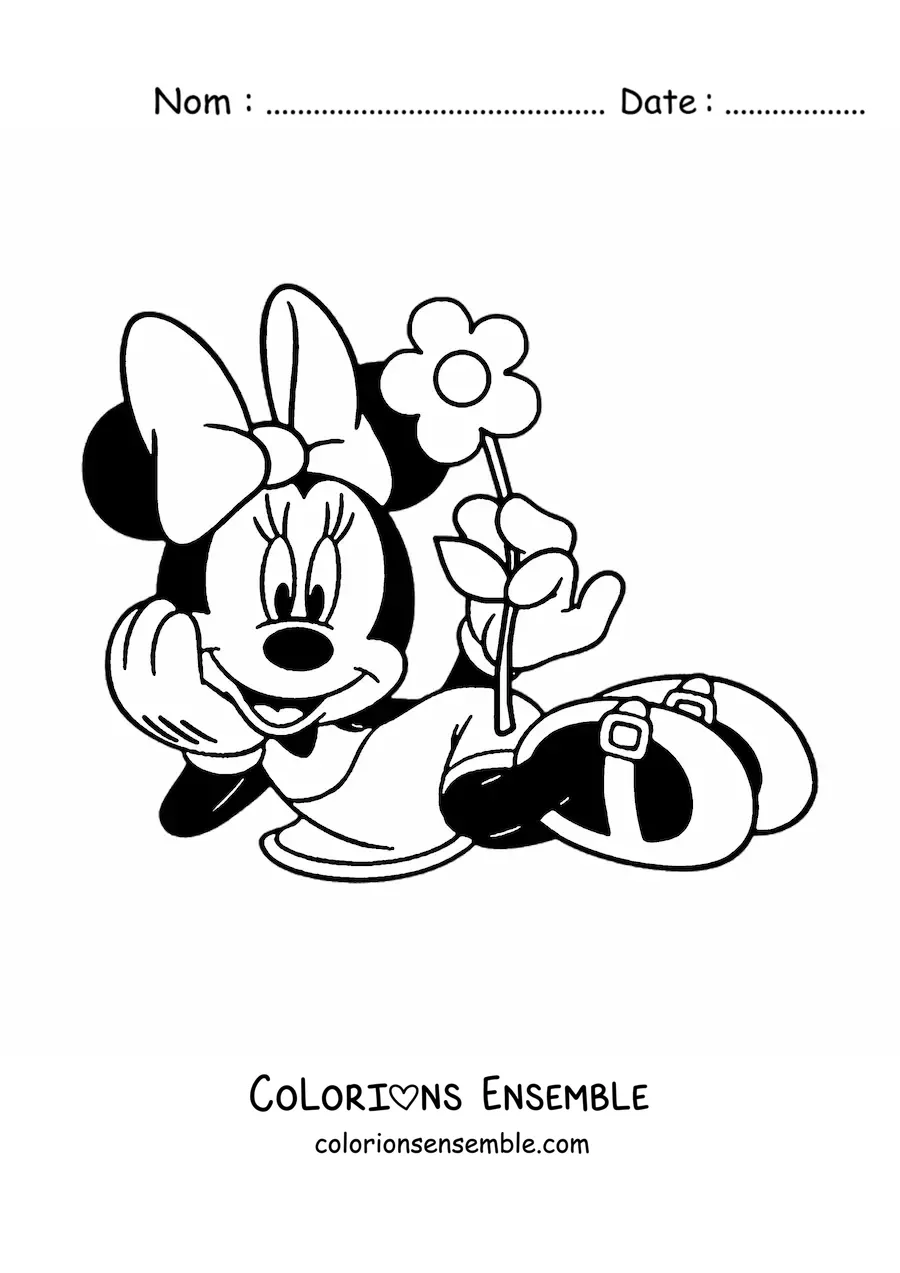 Image à colorier de Minnie allongée tenant une fleur