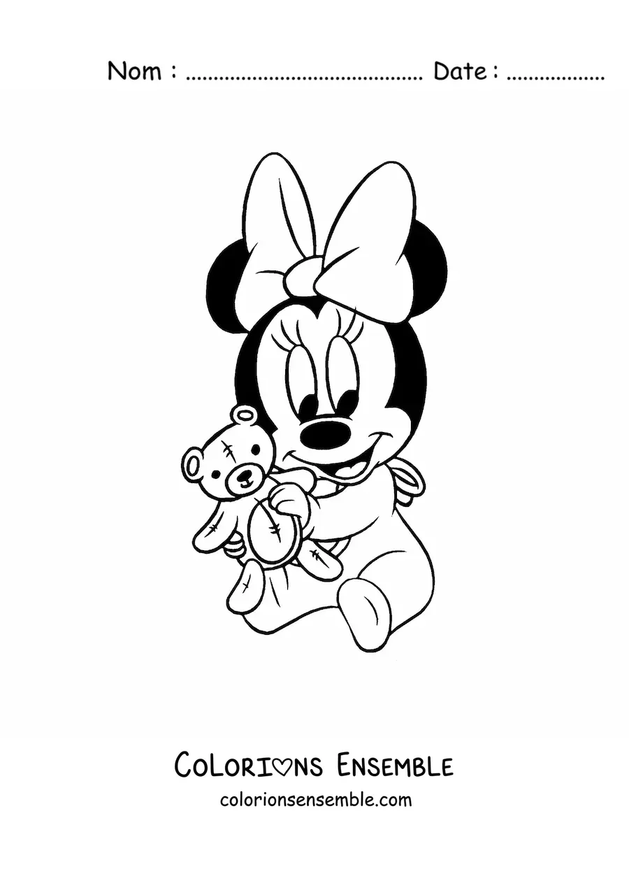 Image à colorier de Minnie bébé kawaii avec un ours en peluche