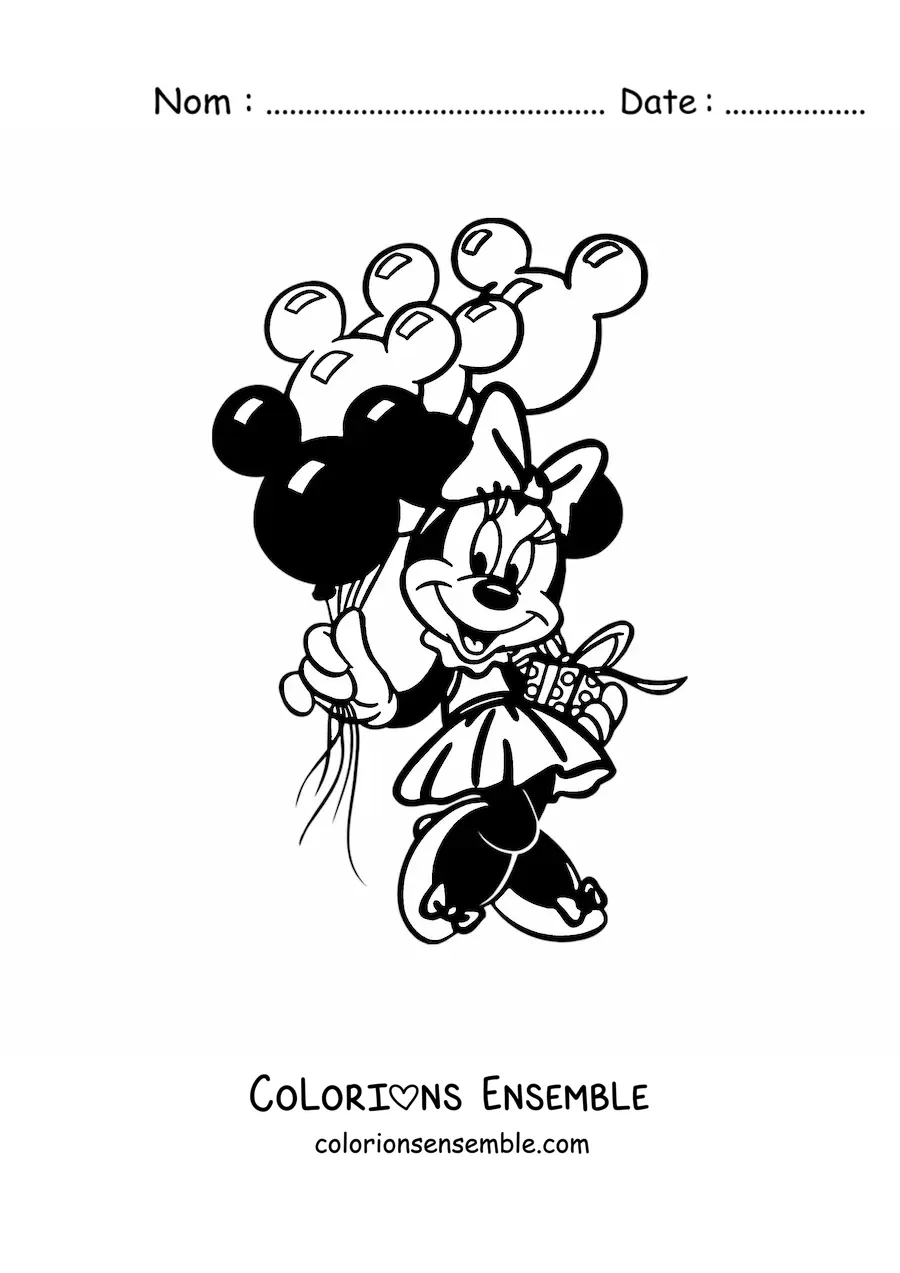 Image à colorier de Minnie avec un cadeau et des ballons d'anniversaire en forme de Mickey