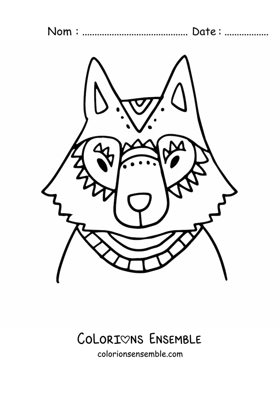 Image à colorier d’une tête de loup avec des motifs géométriques