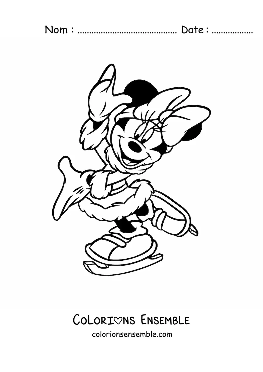 Image à colorier de Minnie en tenue d'hiver patinant à Noël
