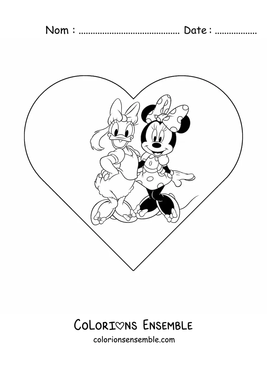 Image à colorier de Minnie et Daisy avec un cœur en arrière-plan