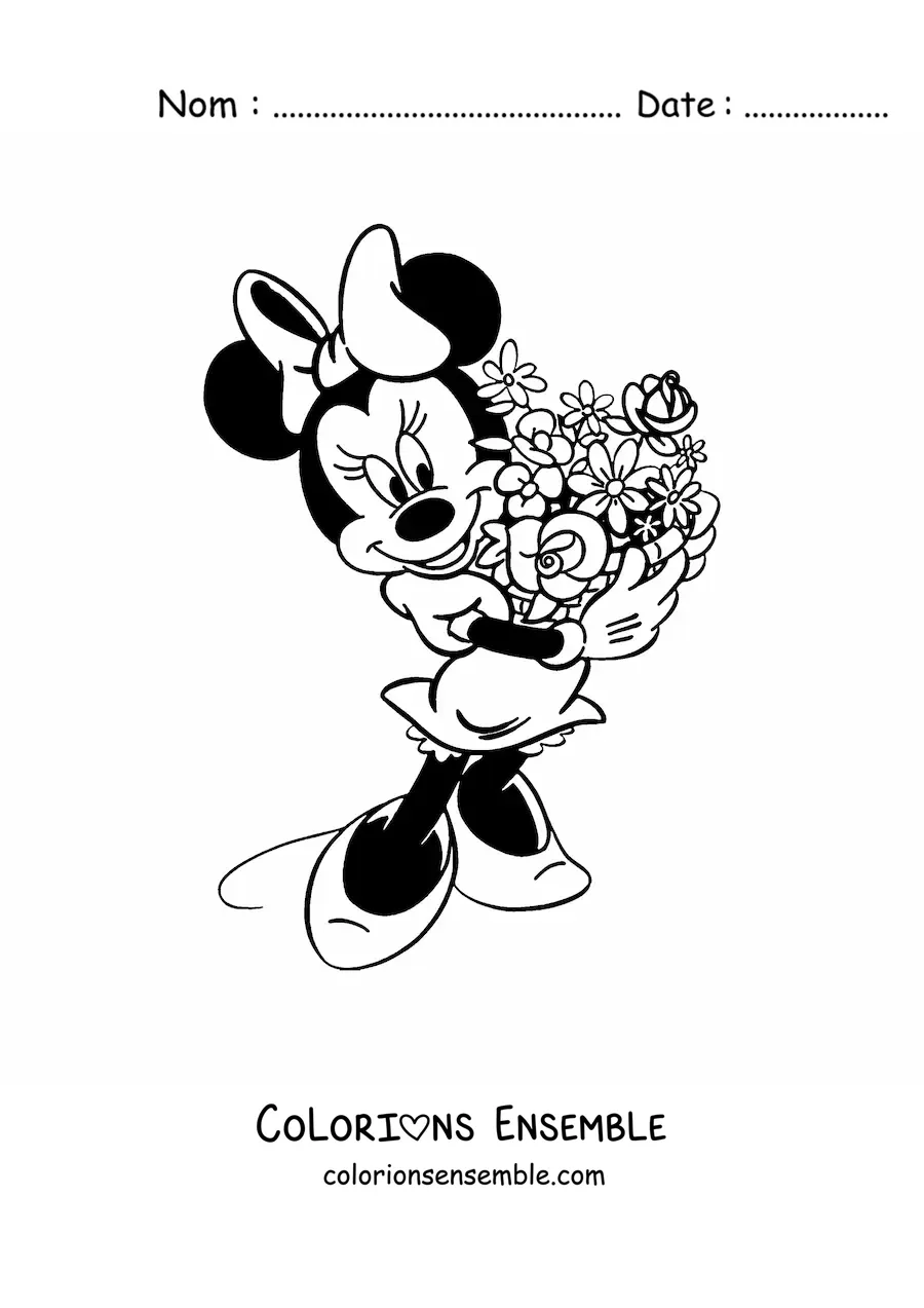 Image à colorier de Minnie avec un bouquet de fleurs