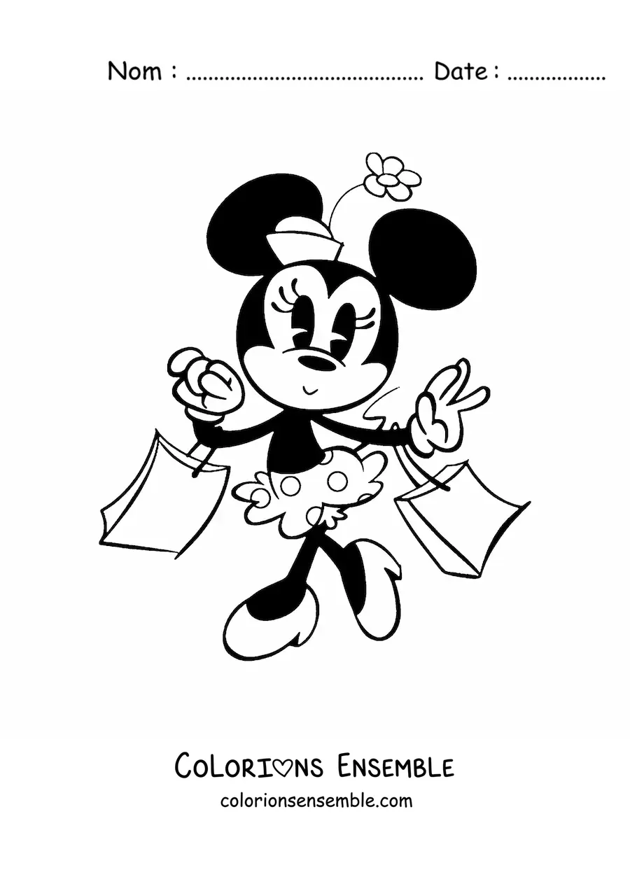 Image à colorier de Minnie faisant du shopping avec des sacs
