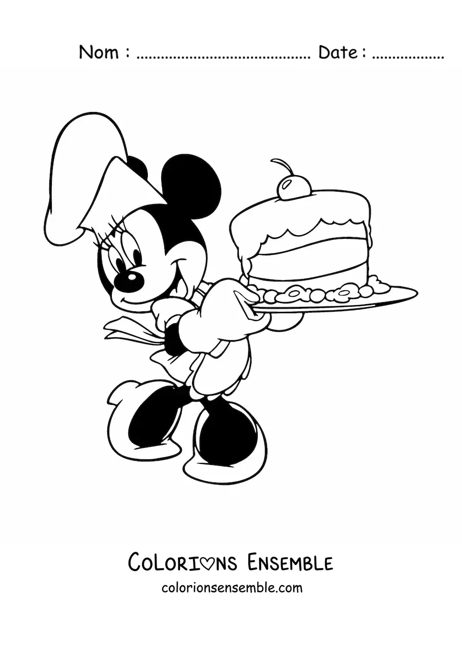 Image à colorier de Minnie cuisinière avec une toque et un gâteau