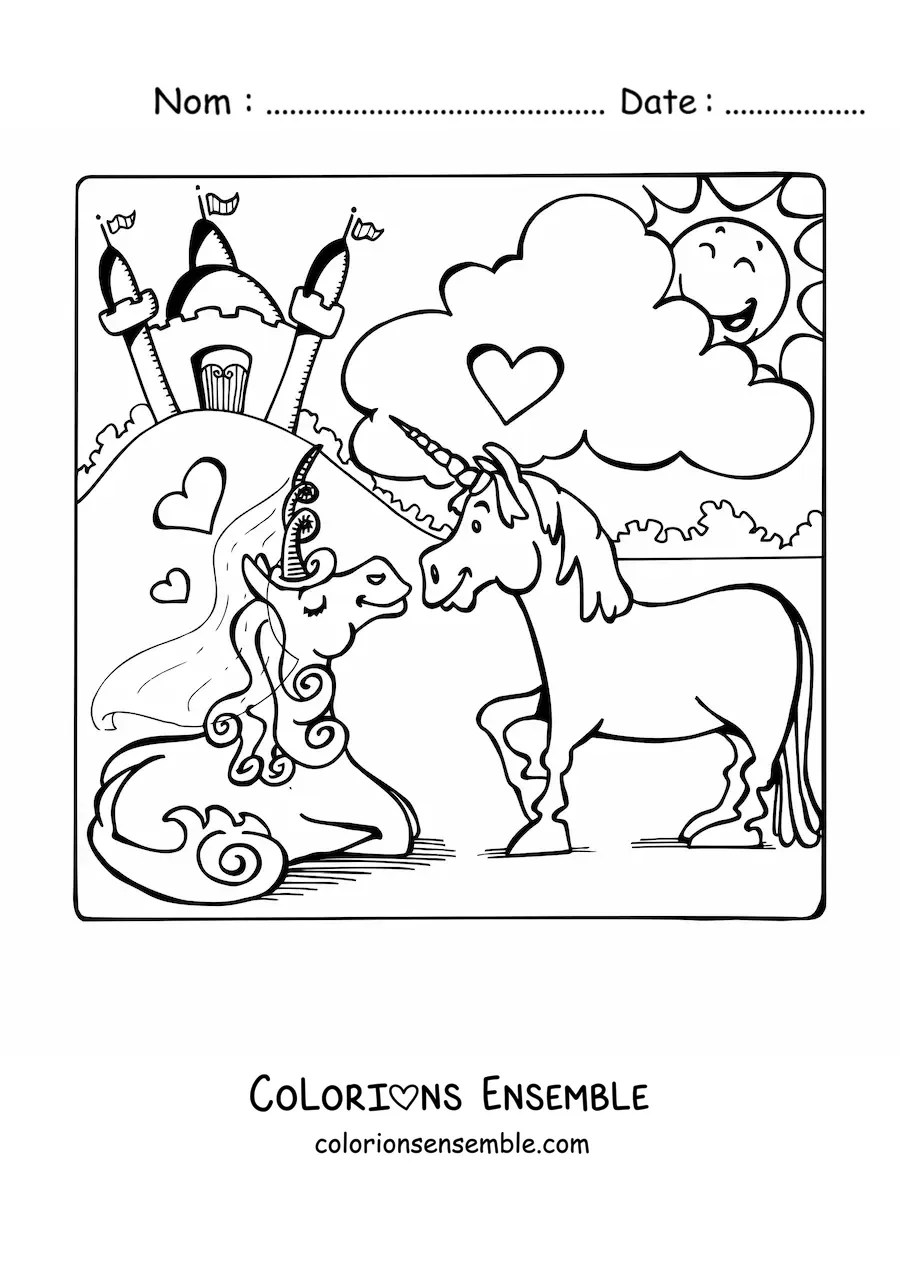 Image à colorier d’une princesse licorne avec un prince licorne et un château en arrière-plan
