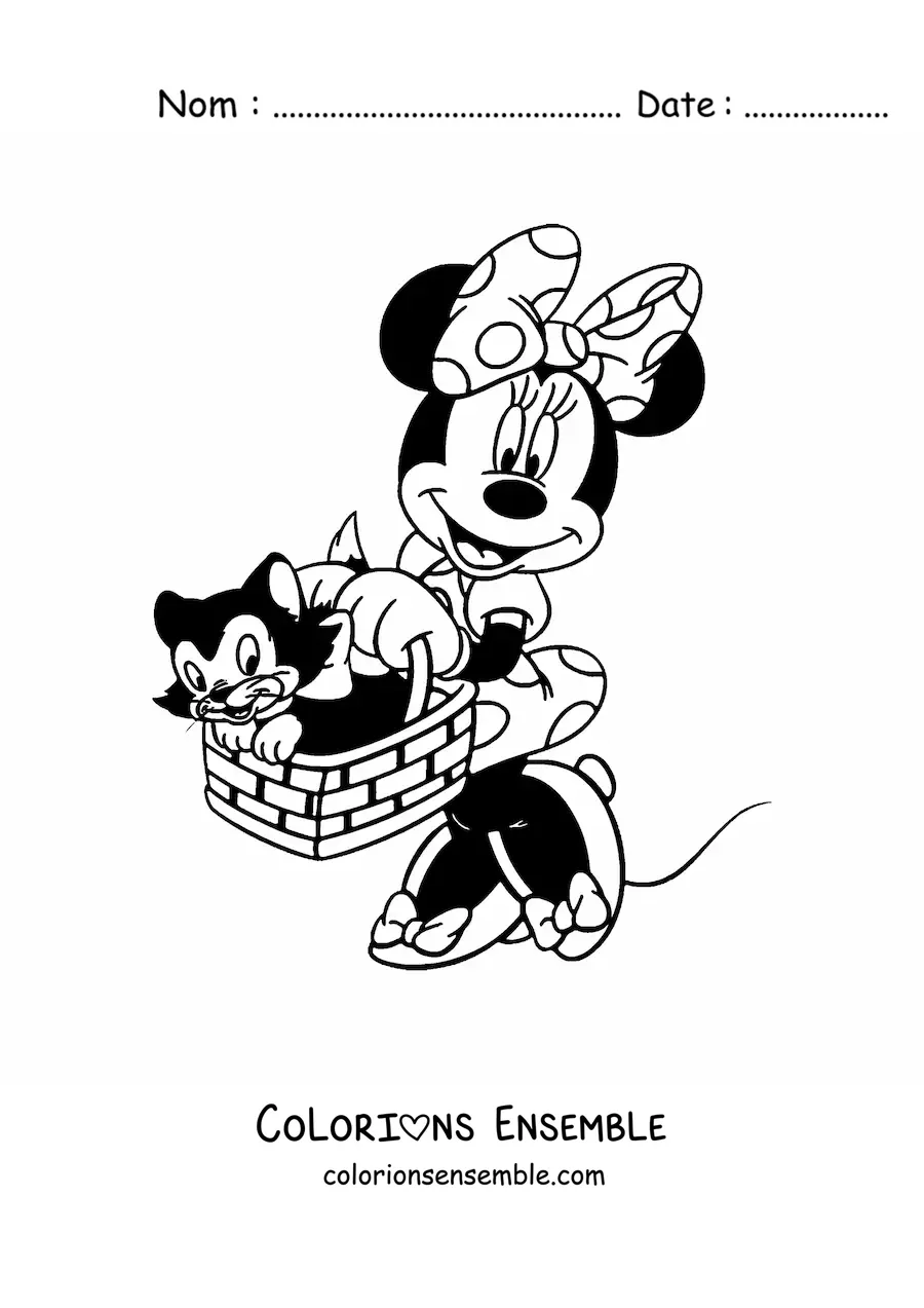 Image à colorier de Minnie portant son chat Figaro dans un panier