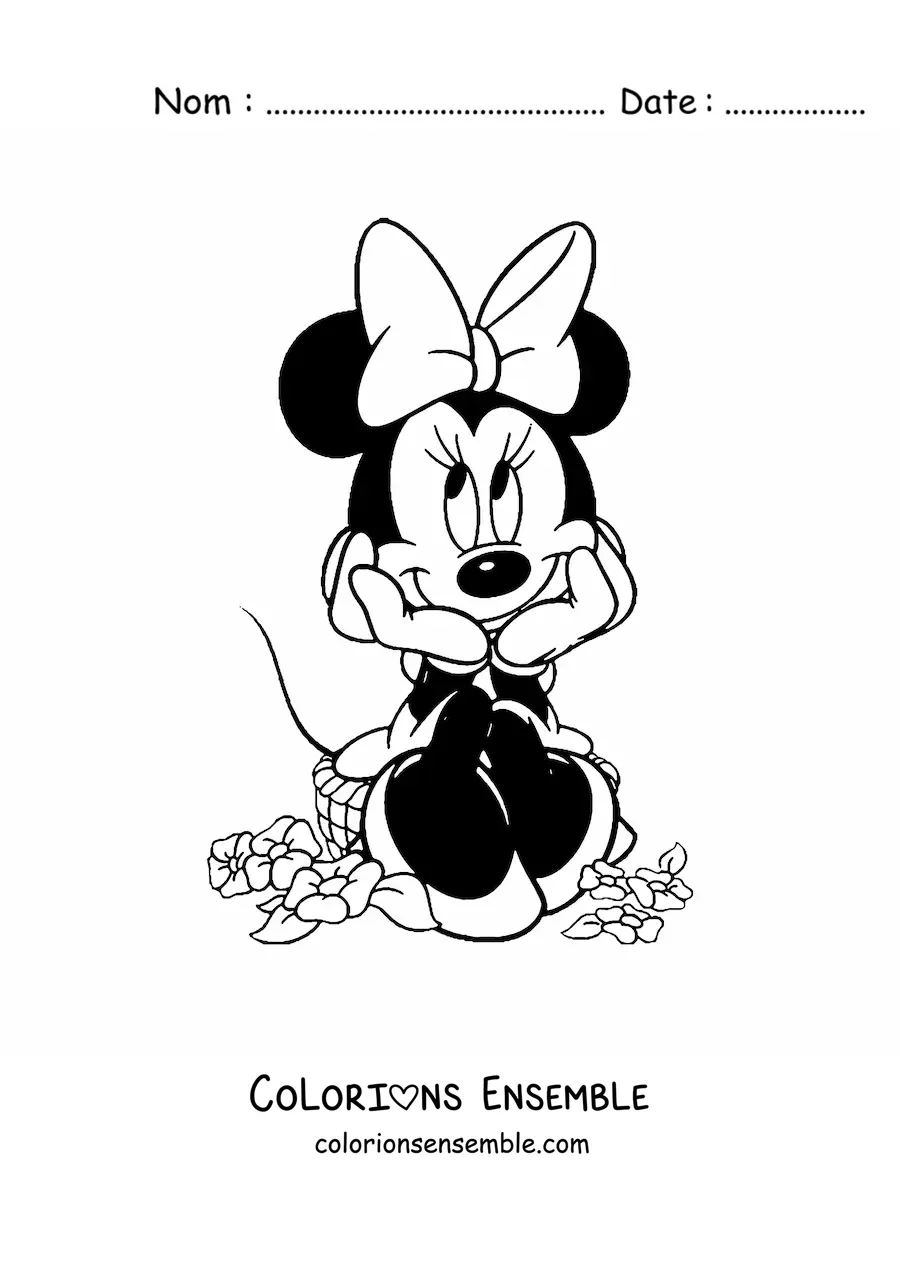 Image à colorier de Minnie assise sur des fleurs, les yeux levés vers la gauche