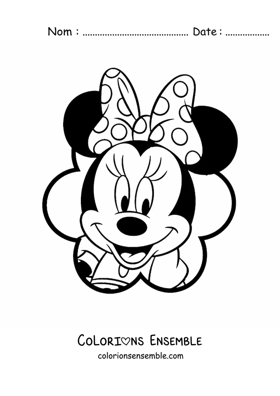 Image à colorier du visage de Minnie Mouse avec un nœud à pois