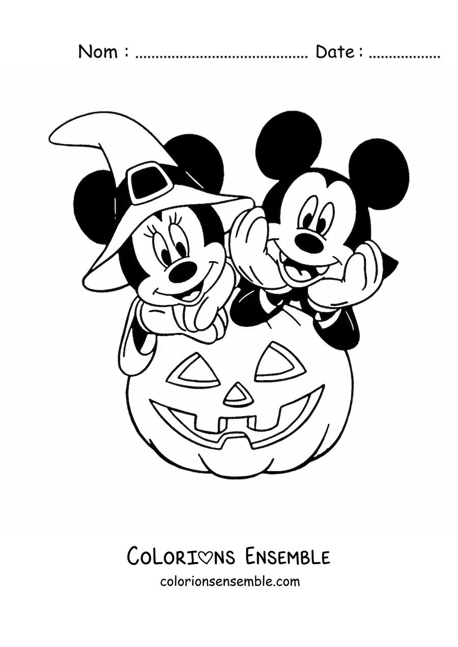 Image à colorier de Minnie et Mickey déguisés pour Halloween à côté d'une grosse citrouille