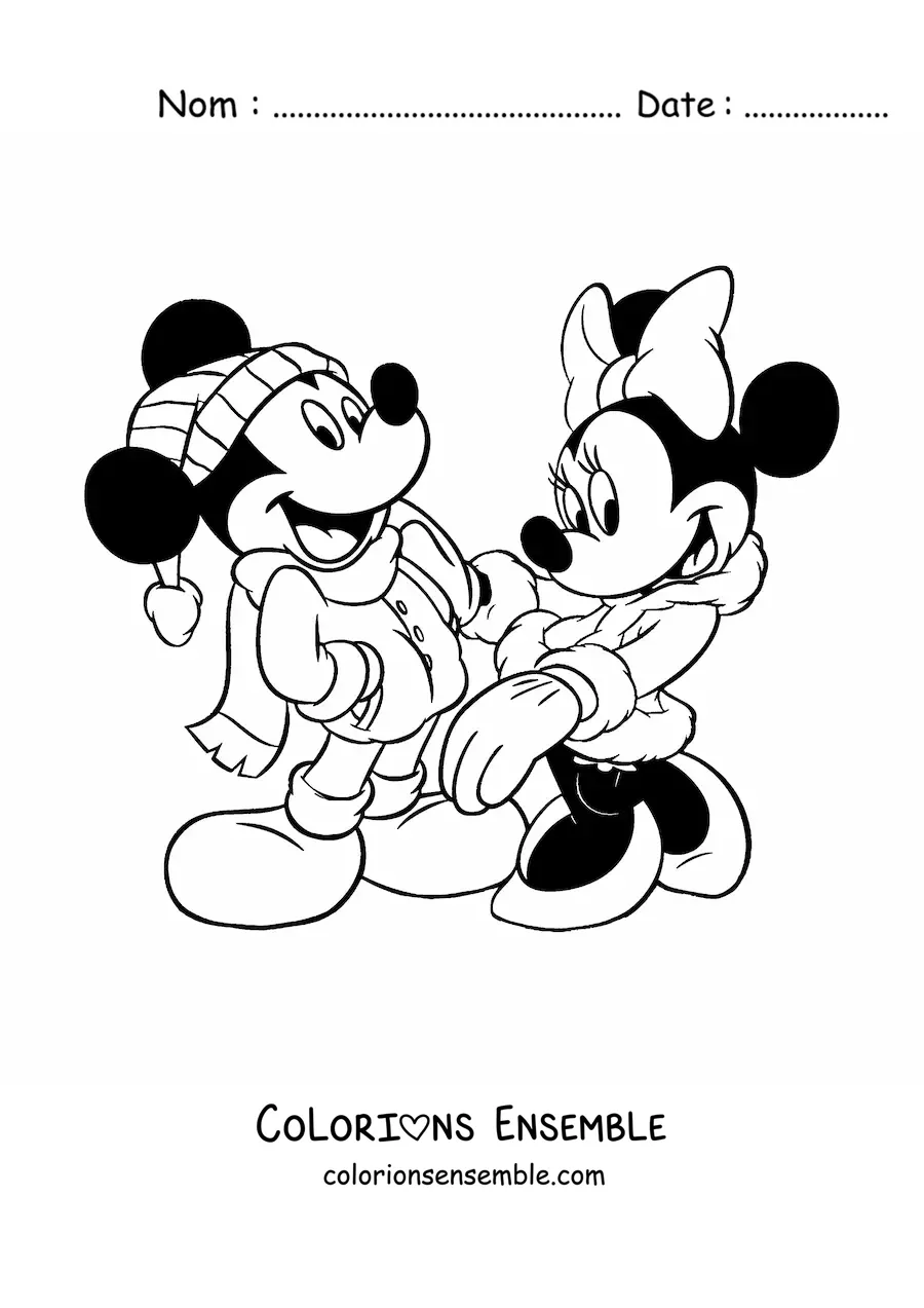 Image à colorier de Minnie et Mickey en tenue d'hiver à Noël