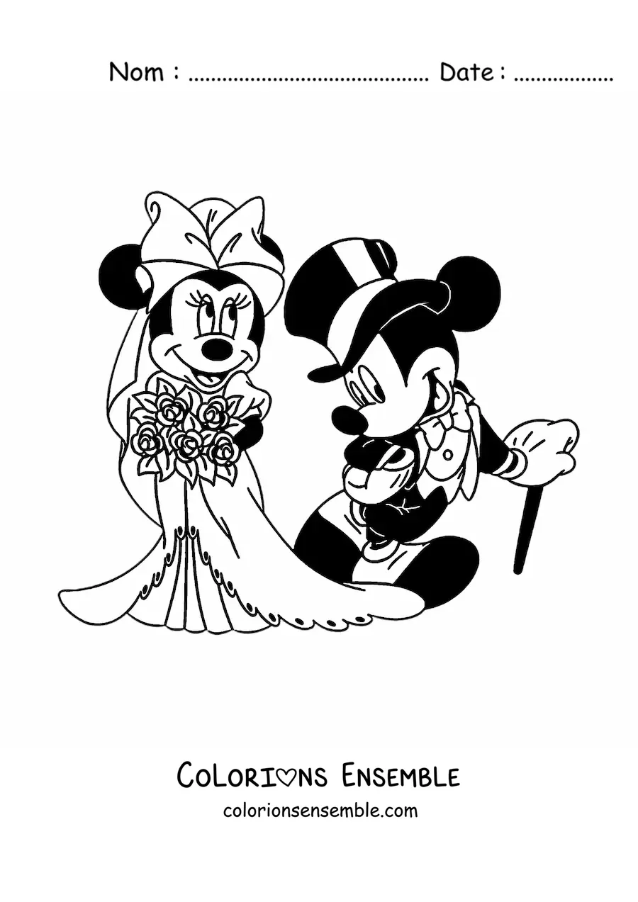 Image à colorier de Minnie en robe de mariée avec un bouquet et de Mickey en costume et chapeau lors de leur mariage