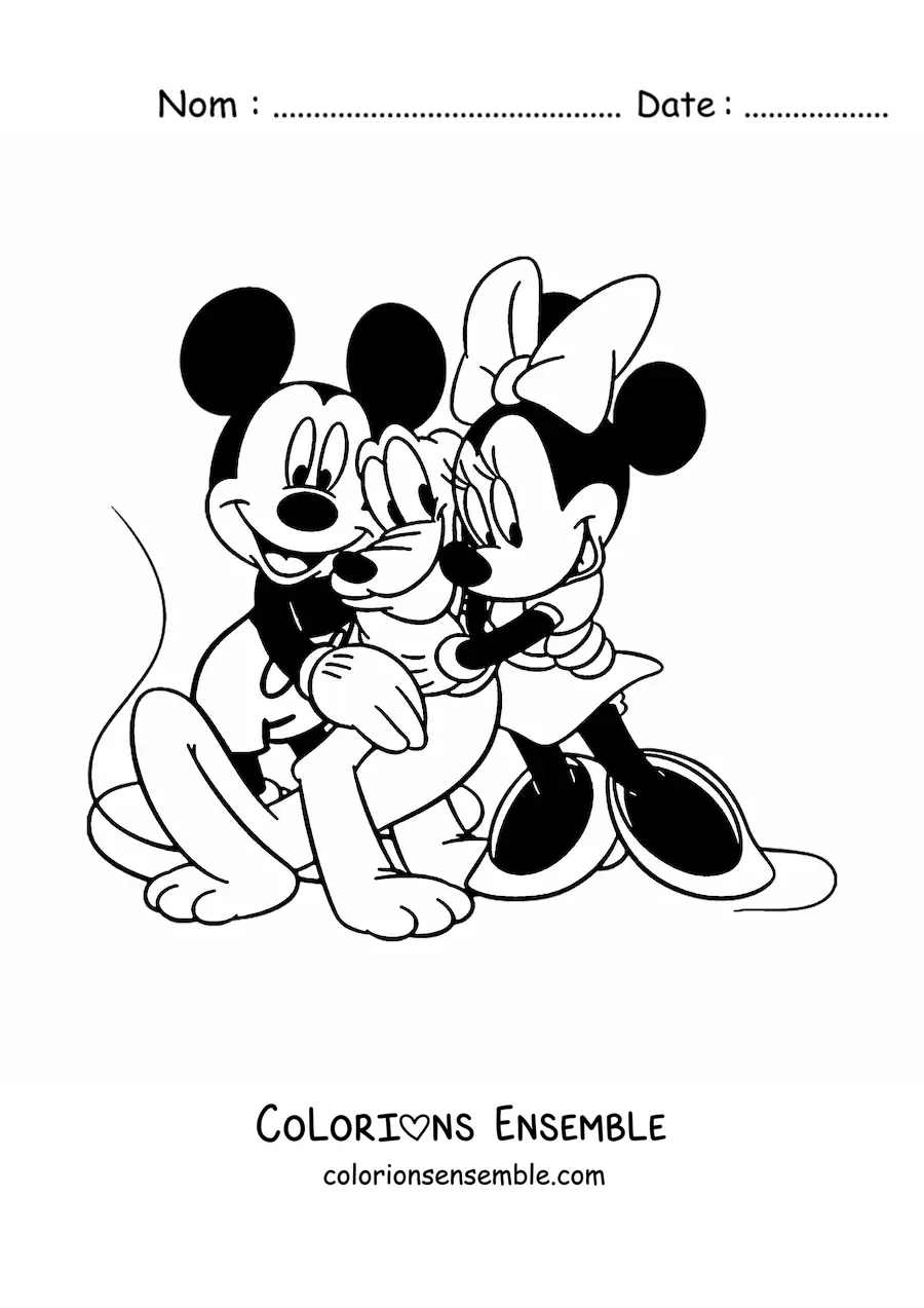Image à colorier de Minnie et Mickey enlaçant Pluto