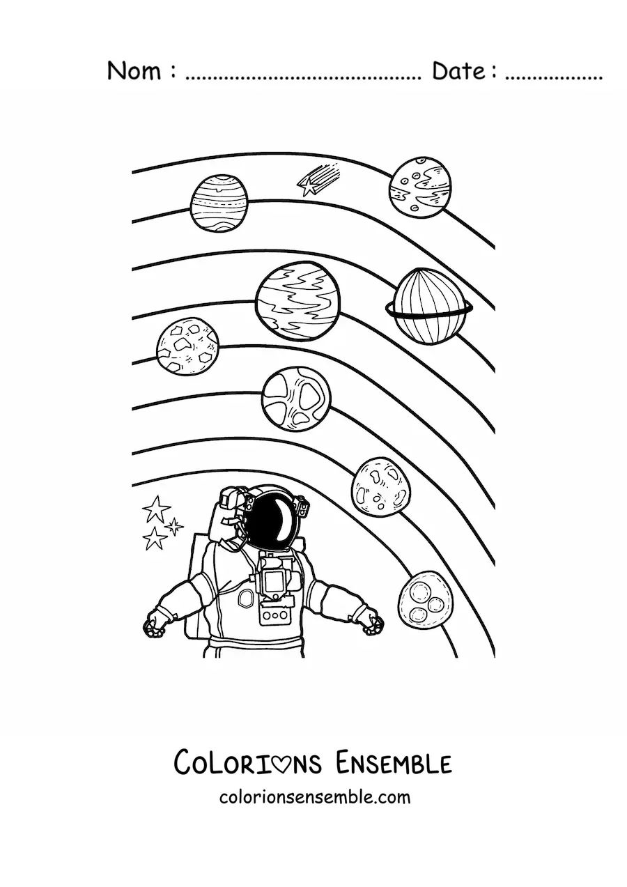 Image à colorier d'un astronaute et des planètes du Système solaire actuel