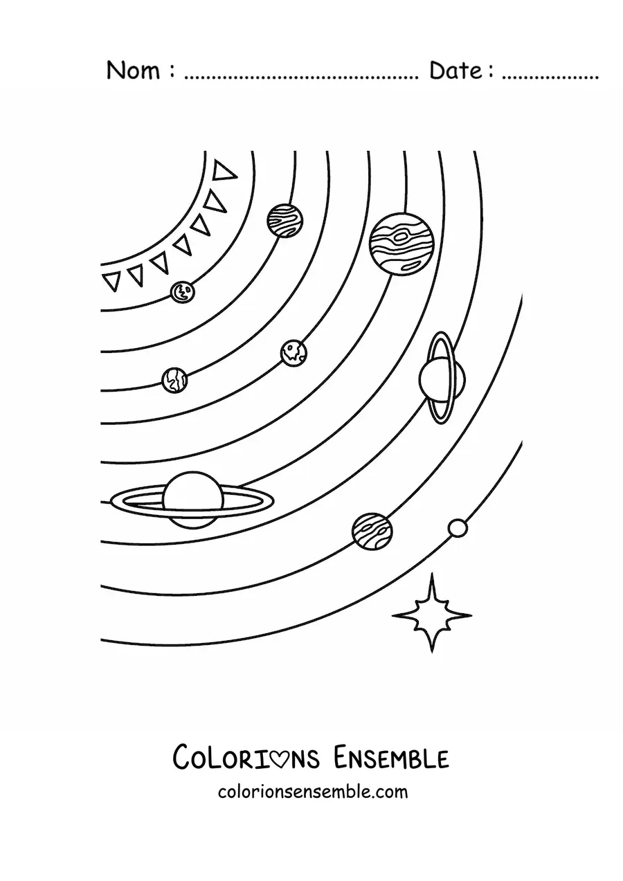 Image à colorier des planètes du Système solaire avec leurs orbites complètes et de Pluton à l'échelle