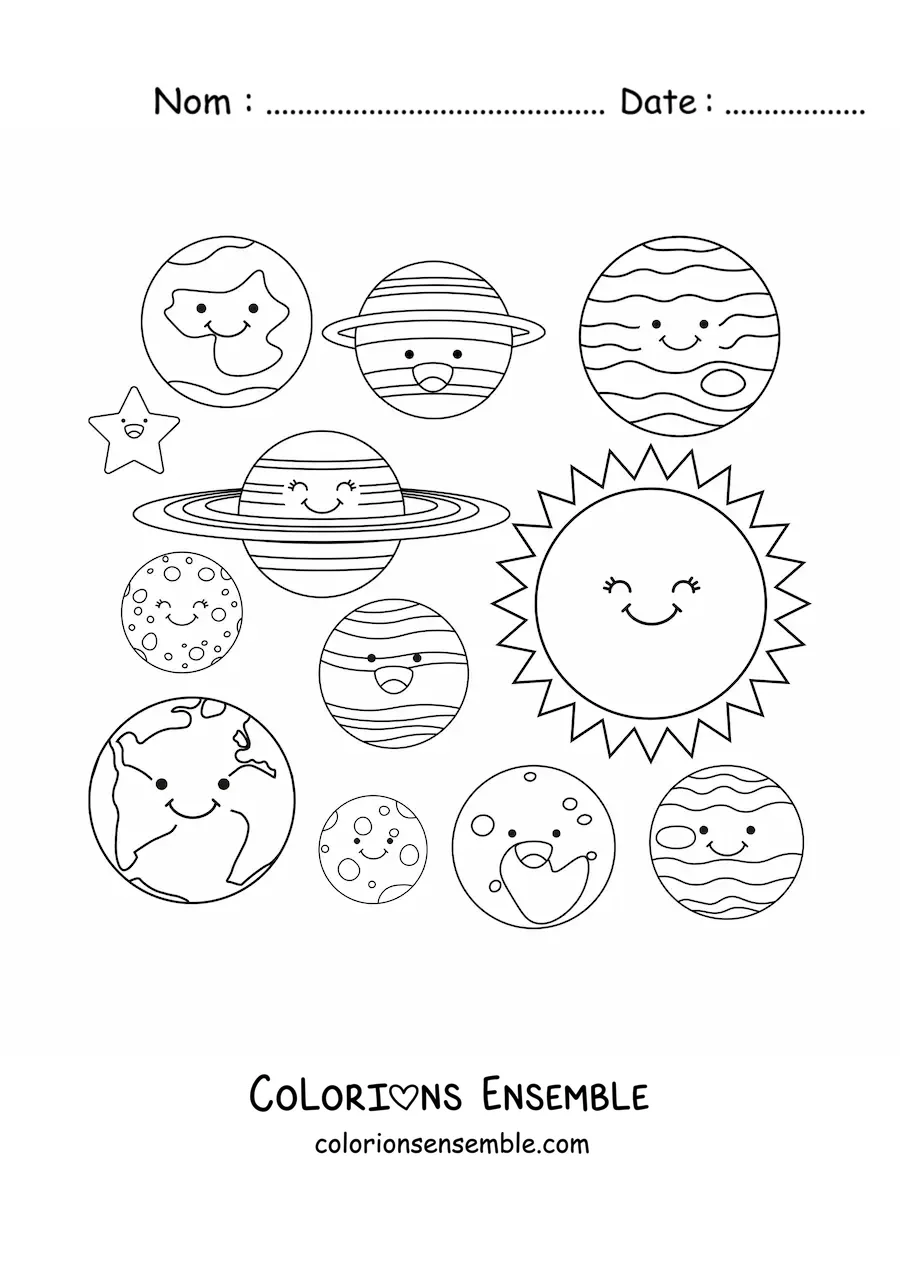 Image à colorier des planètes du Système solaire avec un Soleil kawaii