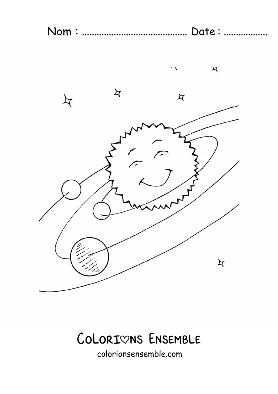 Image à colorier du Système solaire avec un Soleil kawaii