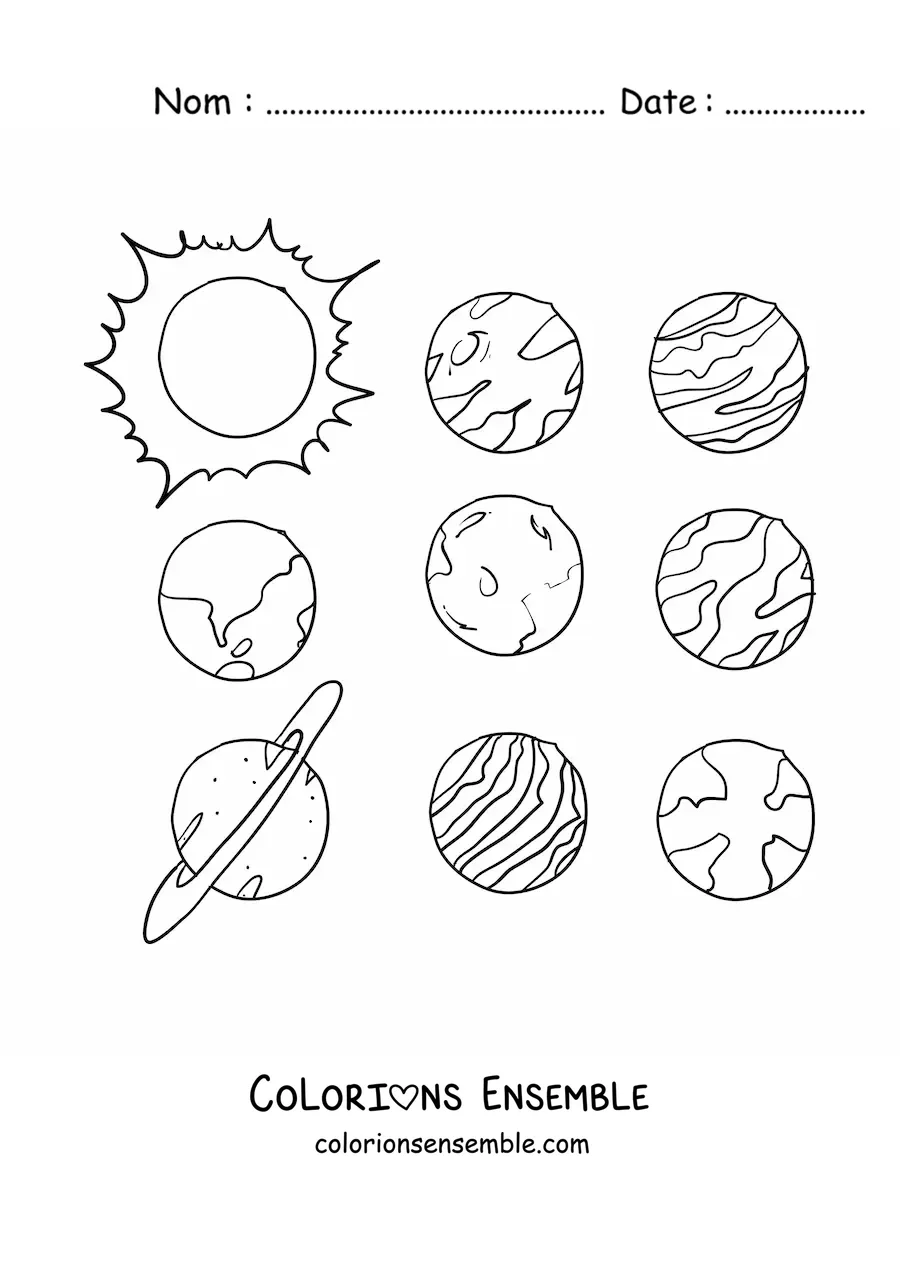 Image à colorier des planètes du Système solaire actuel disposées en rangées