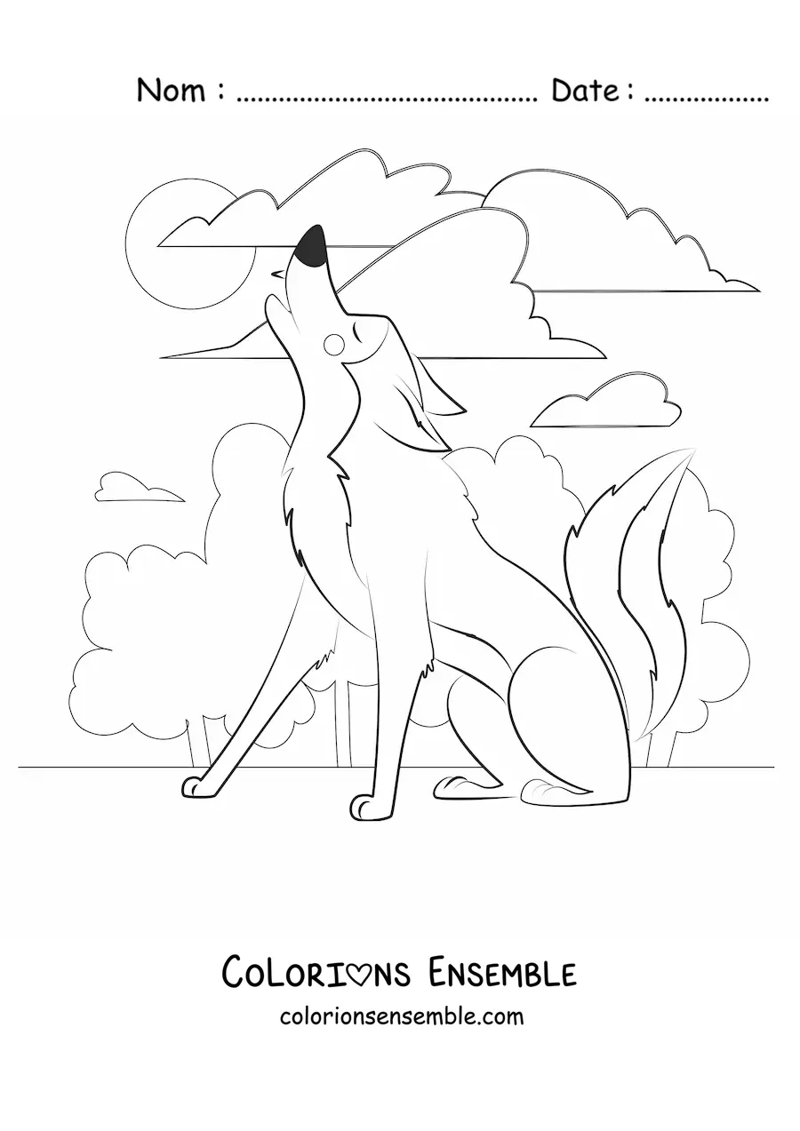 Image à colorier d’un loup rigolo hurlant à la lune