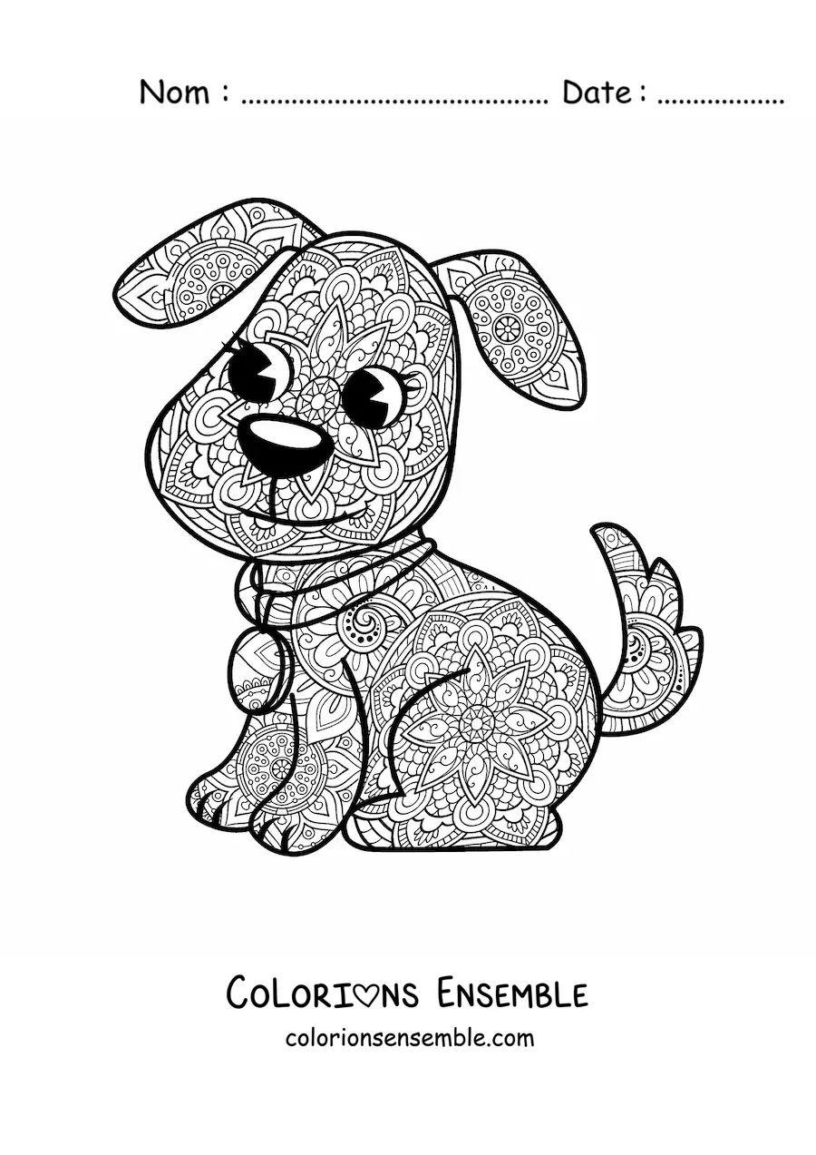 Image à colorier d'un mandala de chien kawaii