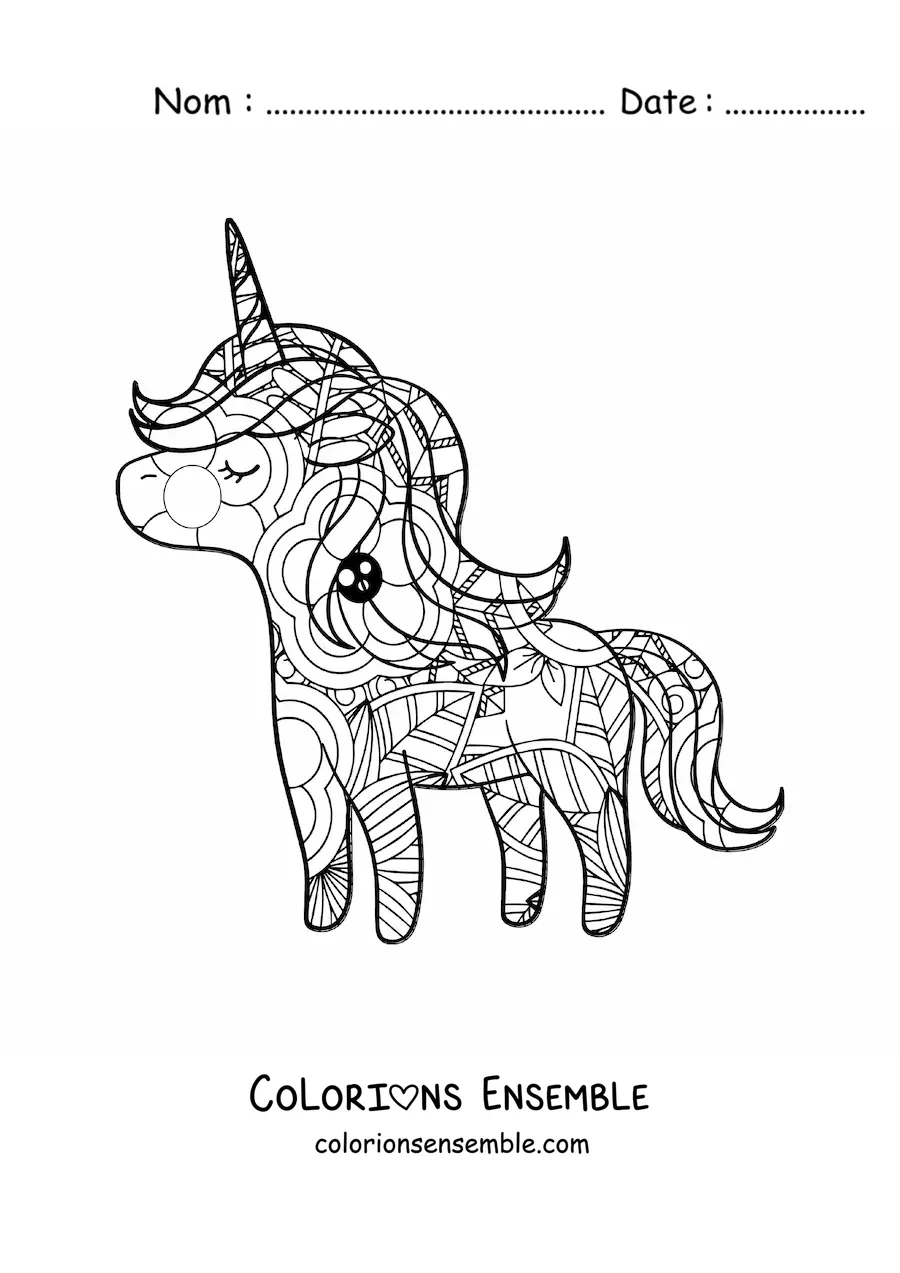 Image à colorier d'un mandala de licorne kawaii