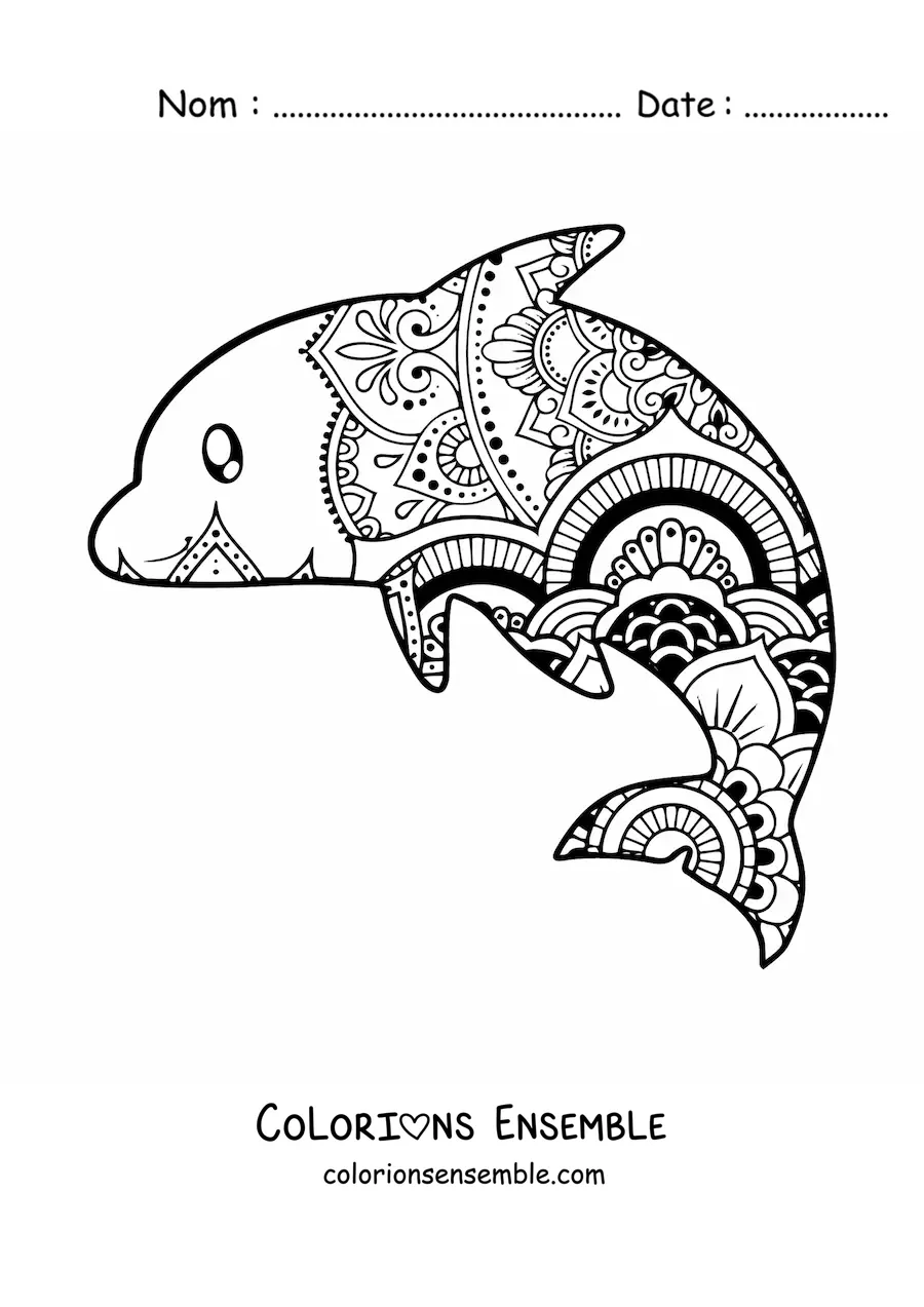 Image à colorier d'un mandala de dauphin kawaii