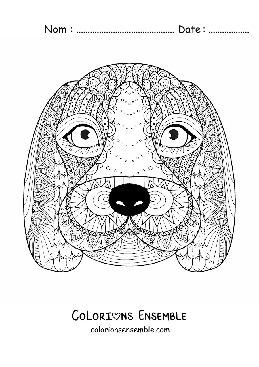 Image à colorier d'un mandala représentant le visage d'un chien
