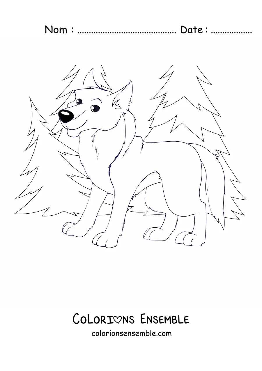 Image à colorier d’un loup rigolo souriant dans une forêt