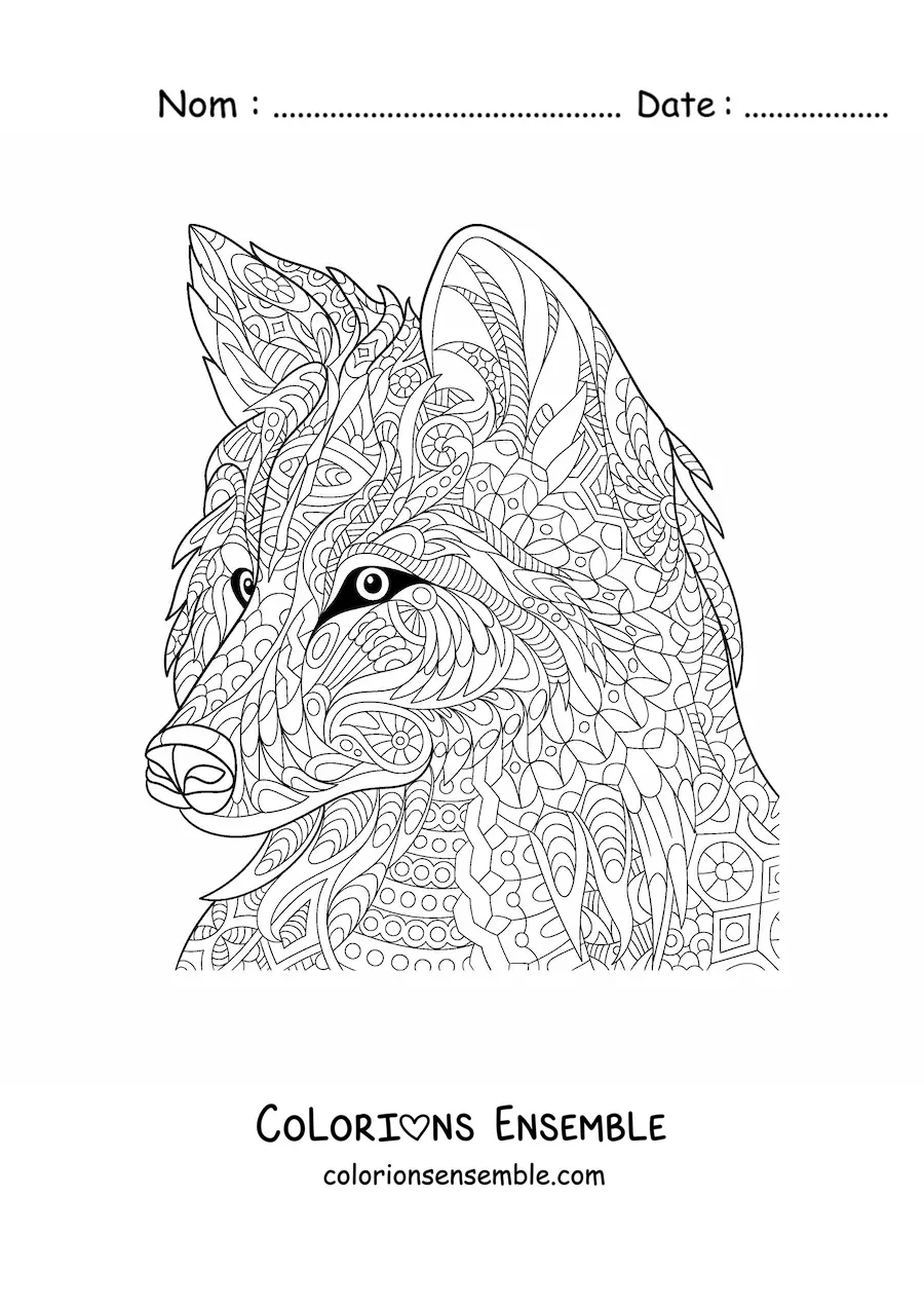 Image à colorier d'un mandala de loup difficile