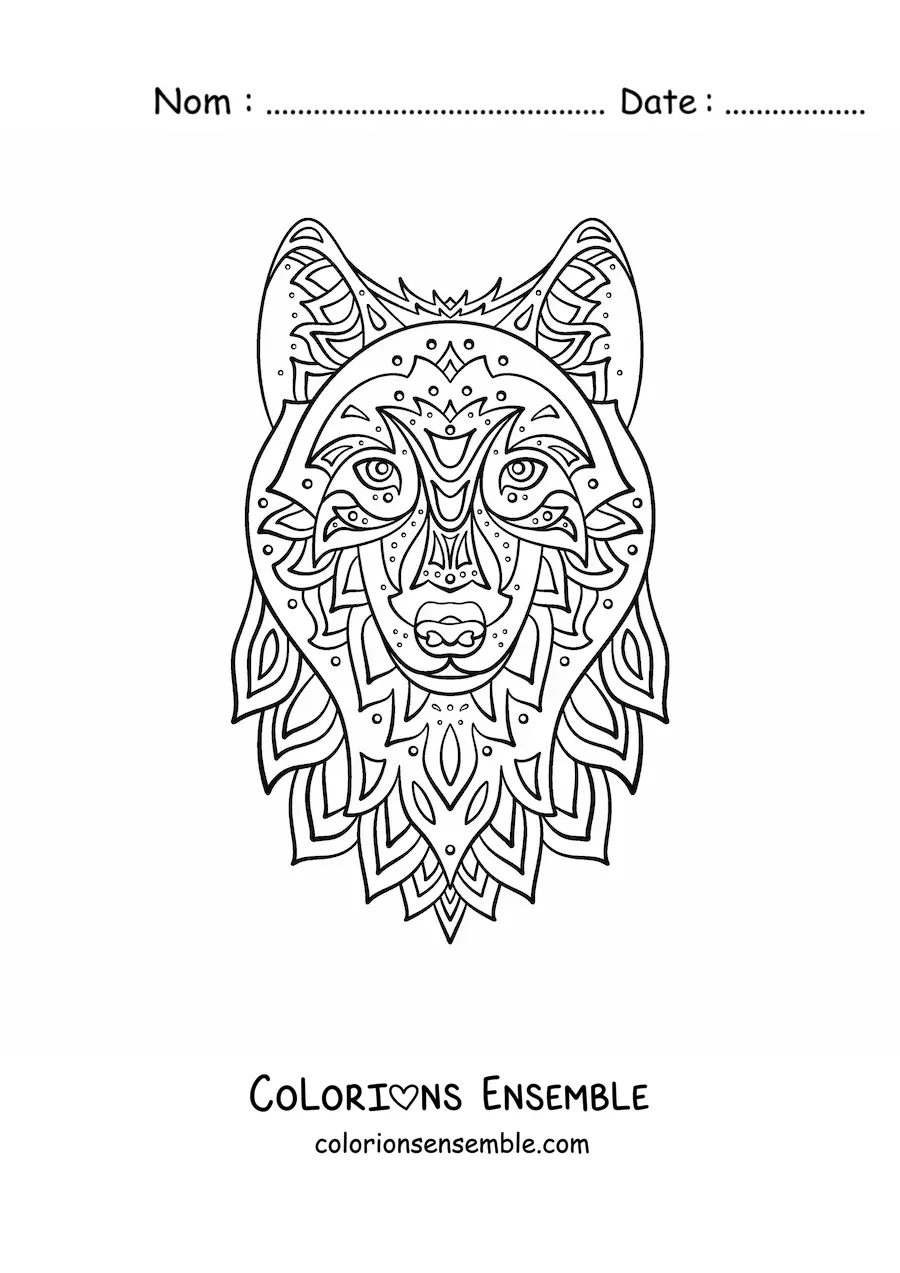 Image à colorier d'un mandala de loup géométrique