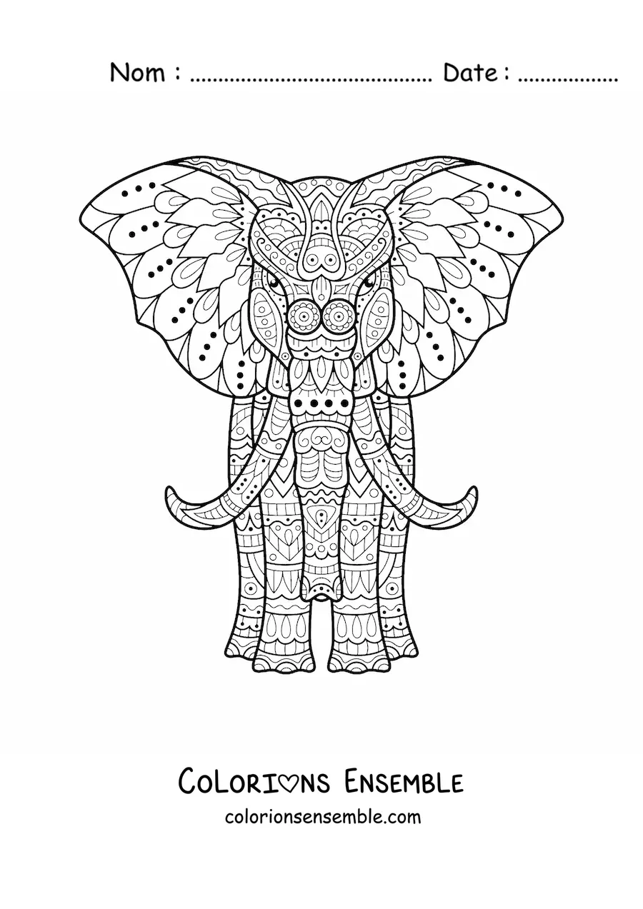 Image à colorier d'un mandala d'éléphant de face