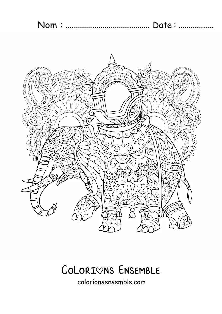 Image à colorier d'un mandala d'éléphant difficile